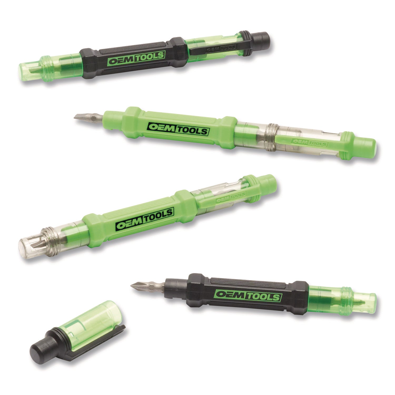 OEMTOOLS® 6-Way Pen-Style Screw/Nut Driver, Phillips/Slotted Bits, Metric Sockets, 5.38" Long, Black/Green, Green/Clear, 4/Pack