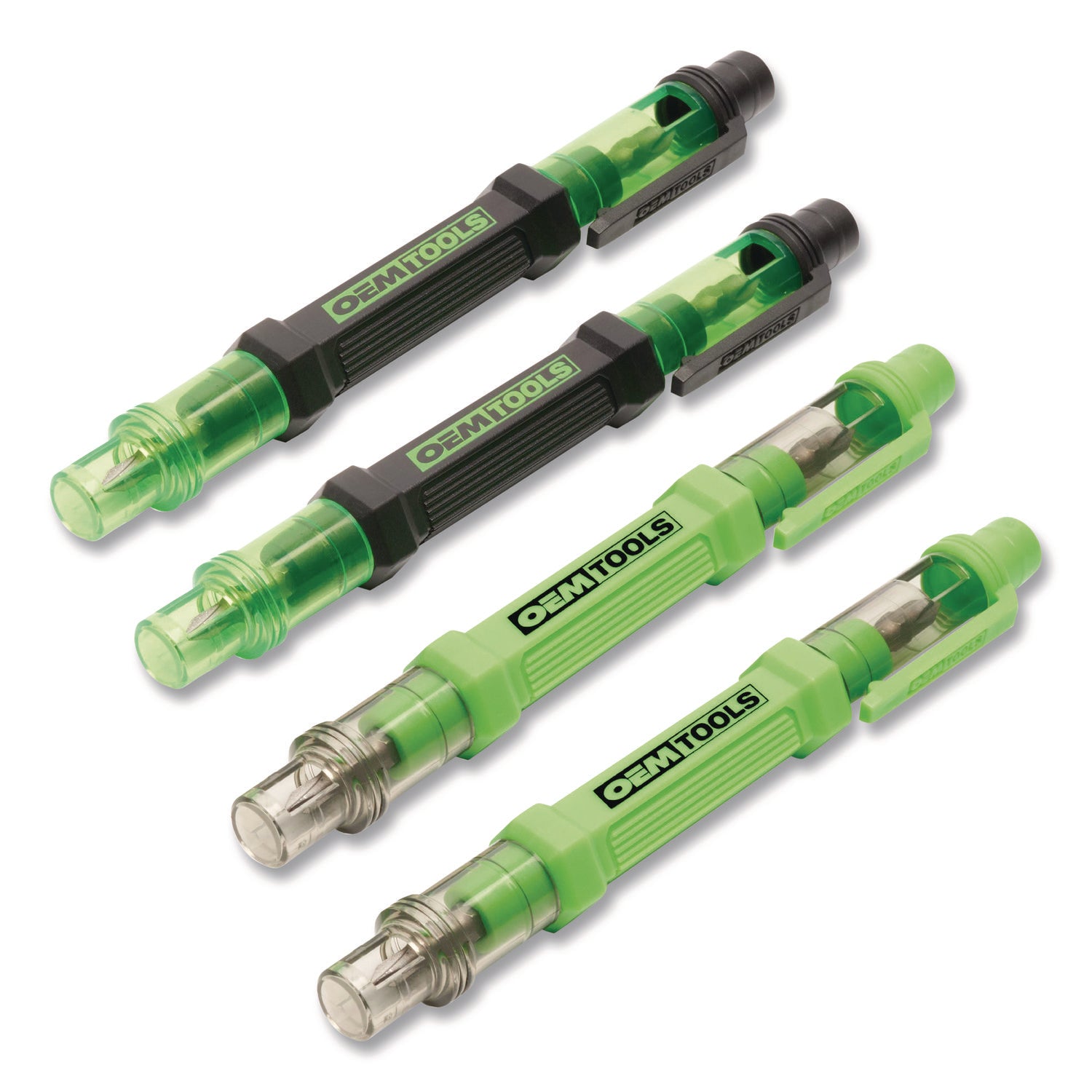 OEMTOOLS® 6-Way Pen-Style Screw/Nut Driver, Phillips/Slotted Bits, Metric Sockets, 5.38" Long, Black/Green, Green/Clear, 4/Pack