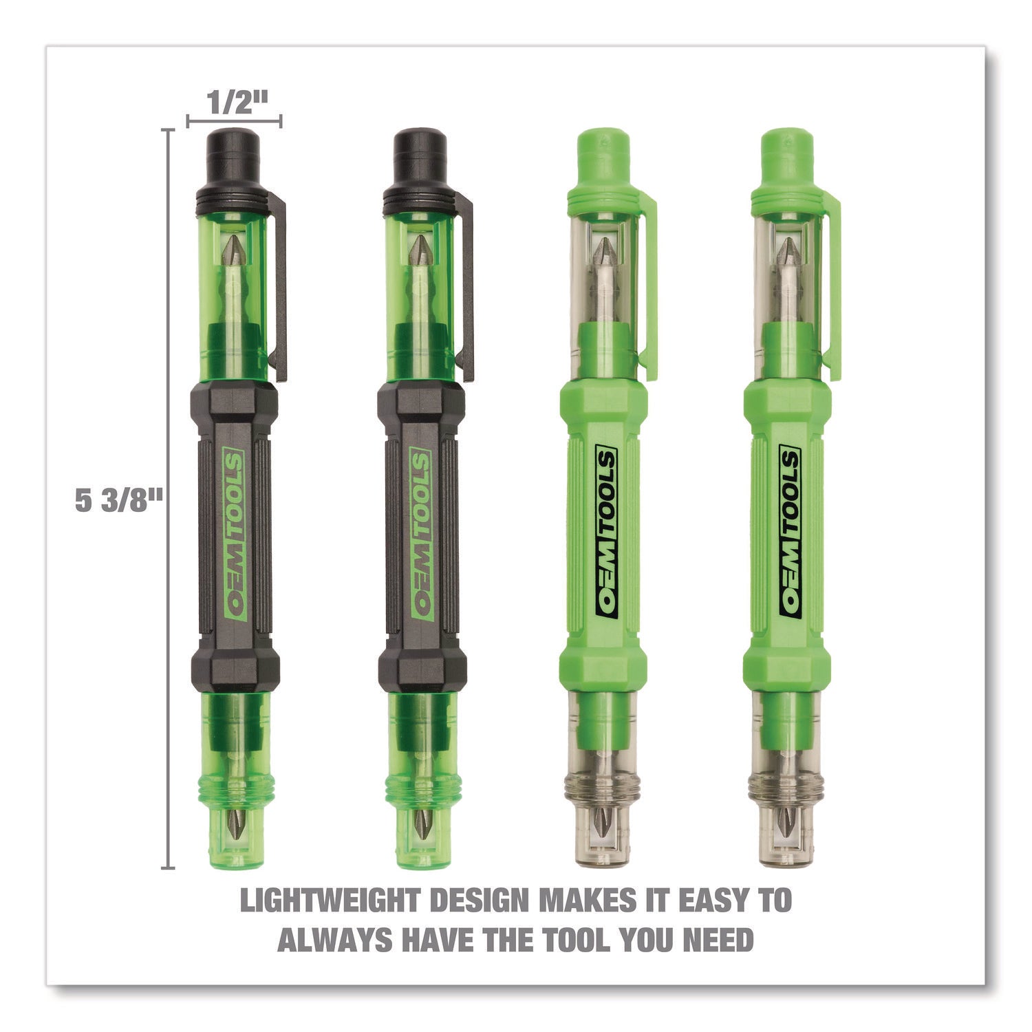 OEMTOOLS® 6-Way Pen-Style Screw/Nut Driver, Phillips/Slotted Bits, Metric Sockets, 5.38" Long, Black/Green, Green/Clear, 4/Pack