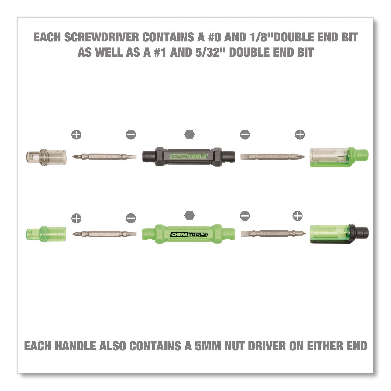 OEMTOOLS® 6-Way Pen-Style Screw/Nut Driver, Phillips/Slotted Bits, Metric Sockets, 5.38" Long, Black/Green, Green/Clear, 4/Pack