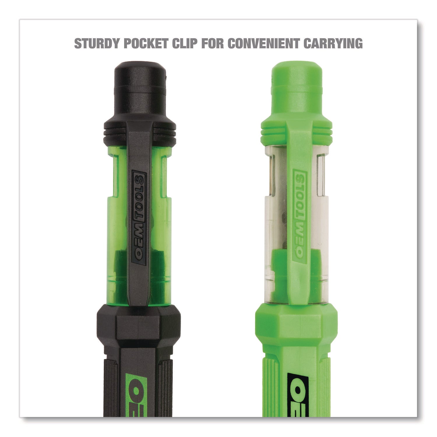 OEMTOOLS® 6-Way Pen-Style Screw/Nut Driver, Phillips/Slotted Bits, Metric Sockets, 5.38" Long, Black/Green, Green/Clear, 4/Pack