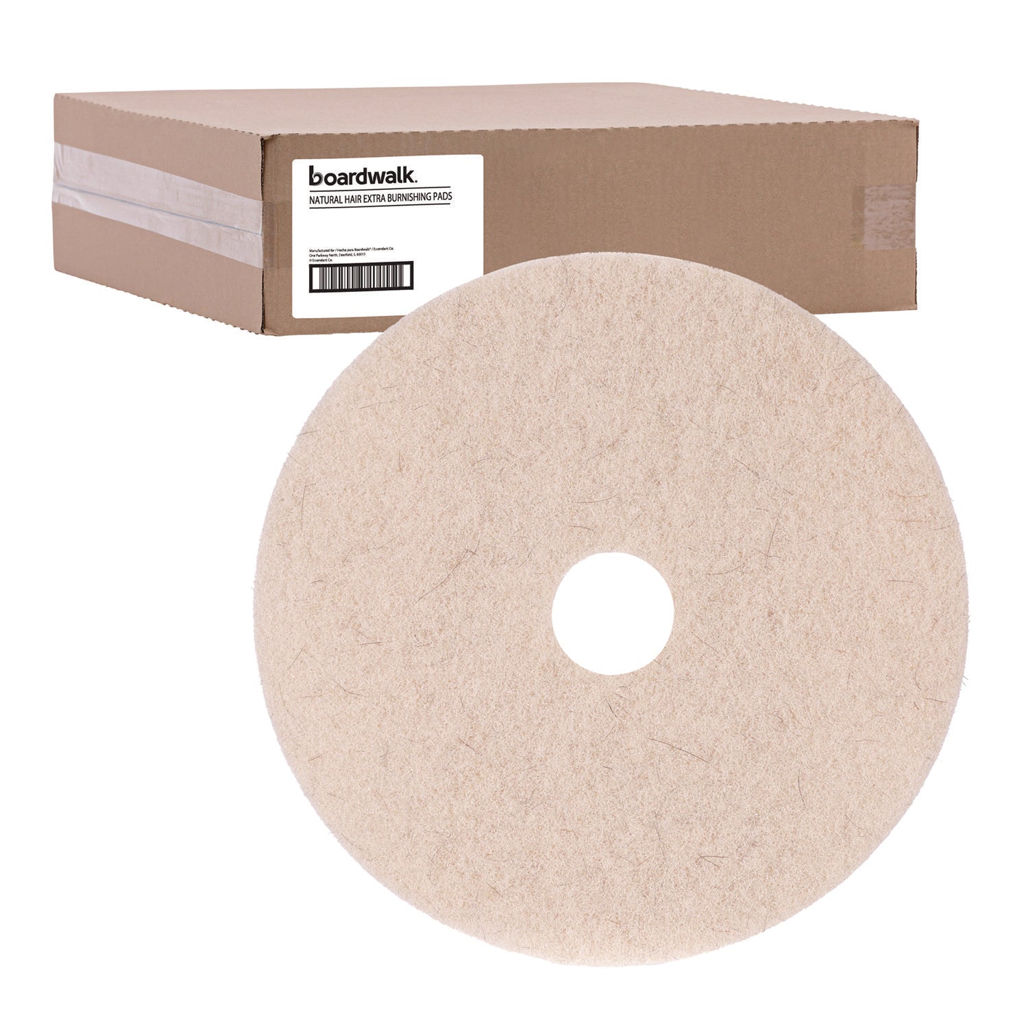 Boardwalk® Natural Hog Hair Burnishing Floor Pads, 19" Diameter, Tan, 5/Carton