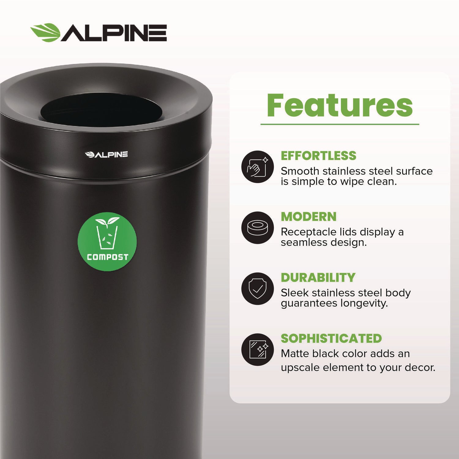 Alpine Industries 27 Gallon Black Stainless Steel Compost Can