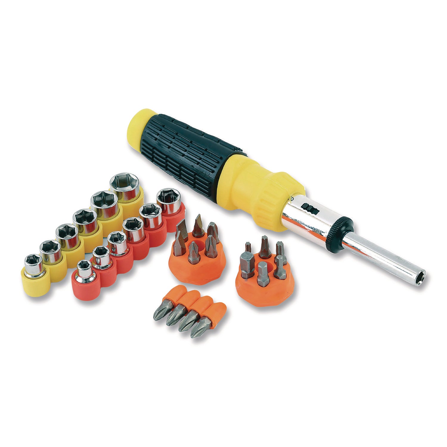 Great Neck® Ratcheting Screw/Nut Driver Set, 34-Piece, Hex/Phillips/Slotted/Star Bits, Metric/SAE Sockets, 8" Long, Yellow/Black Handle