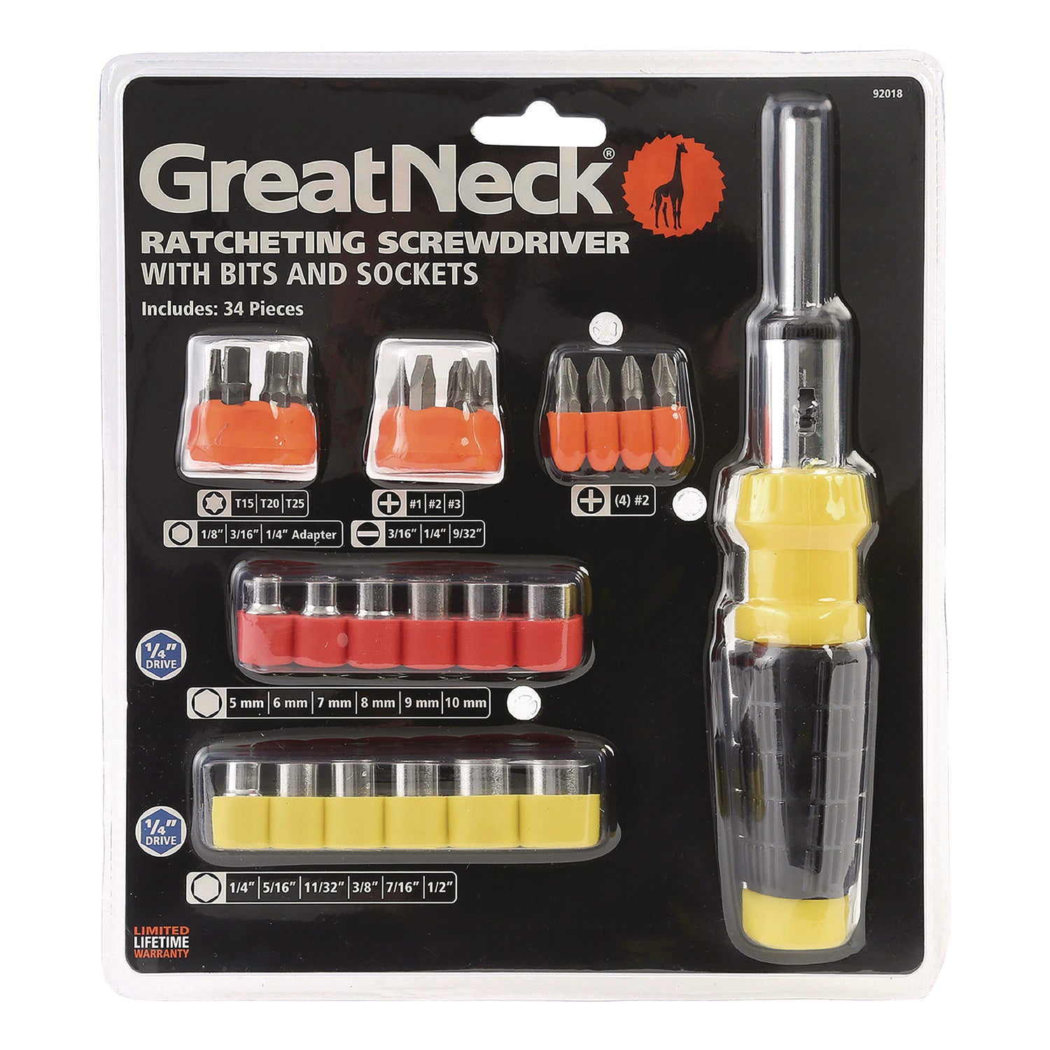 Great Neck® Ratcheting Screw/Nut Driver Set, 34-Piece, Hex/Phillips/Slotted/Star Bits, Metric/SAE Sockets, 8" Long, Yellow/Black Handle