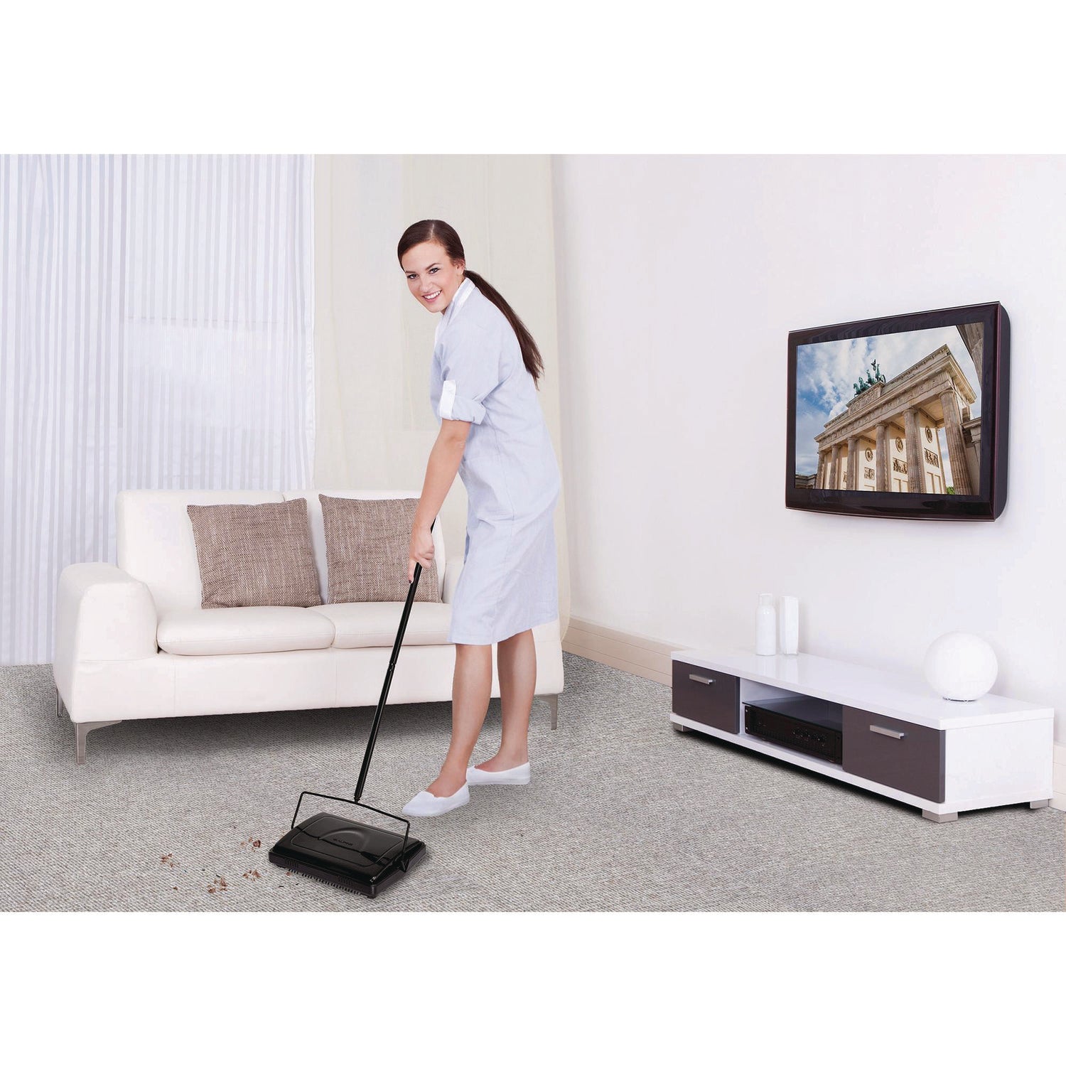 Manual Triple Brush Carpet and Floor Sweeper, 42.5" Handle, Black Alpine Industries Flipcost