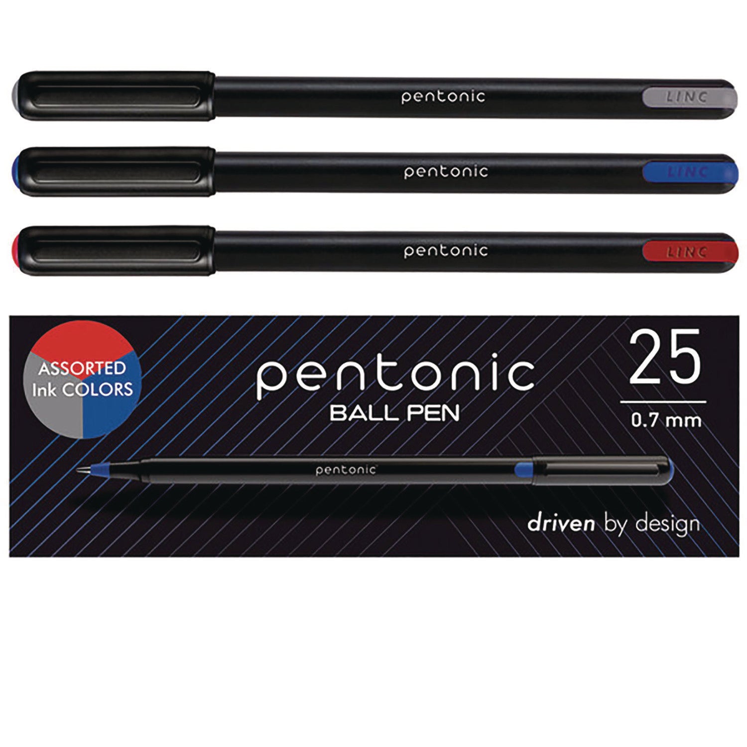 PENTONIC Fine Point Ballpoint Pens, 0.7 mm, Assorted Ink Colors, Black Barrel, 25/Pack