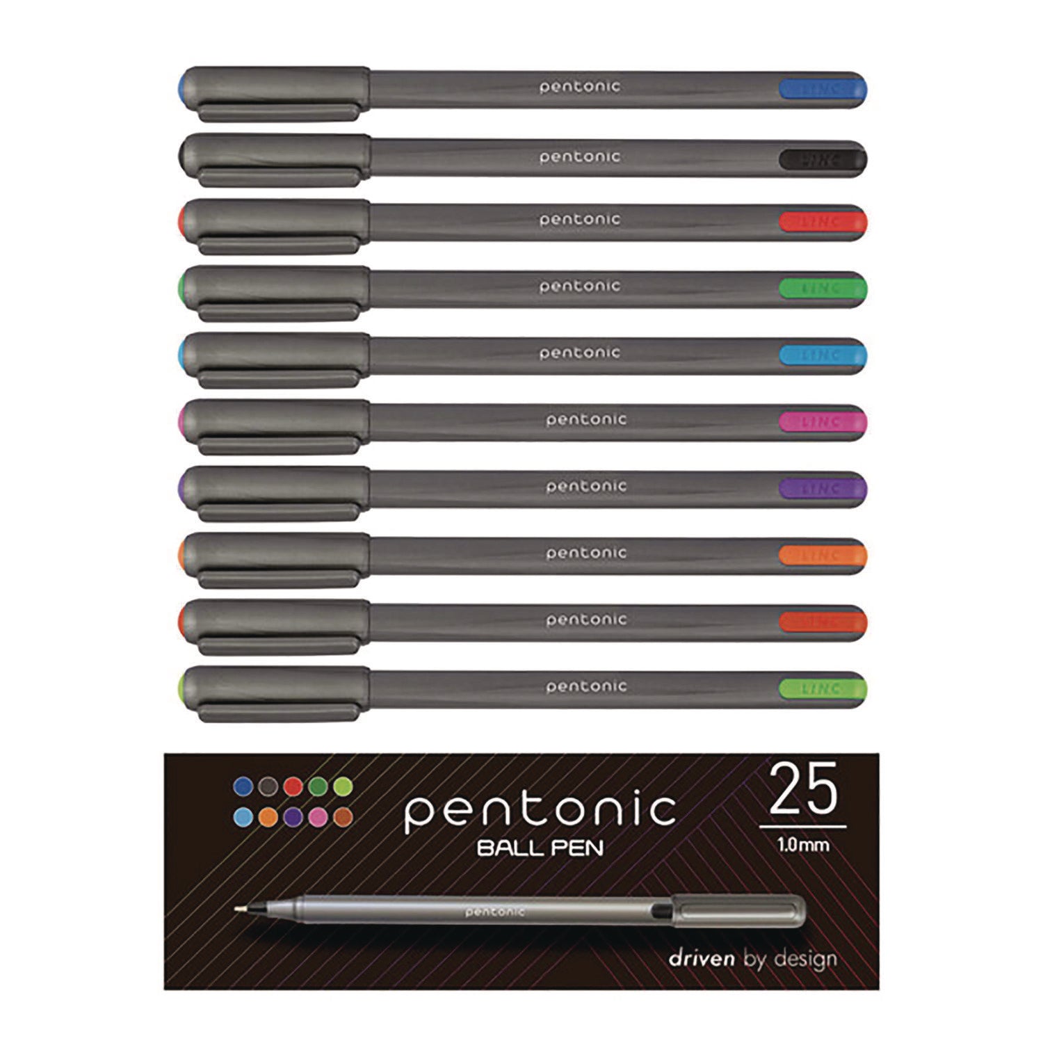 PENTONIC Medium Point Ballpoint Pen, 1 mm, Assorted Ink Colors, Charcoal Gray Barrel, 25/Pack