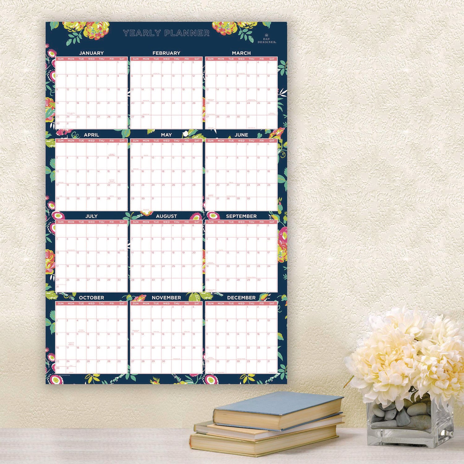 Day Designer Peyton Laminated Erasable Wall Calendar, Floral Artwork, 36 x 24, White/Navy Sheets, 12-Month (Jan to Dec): 2025 Blue Sky® Flipcost