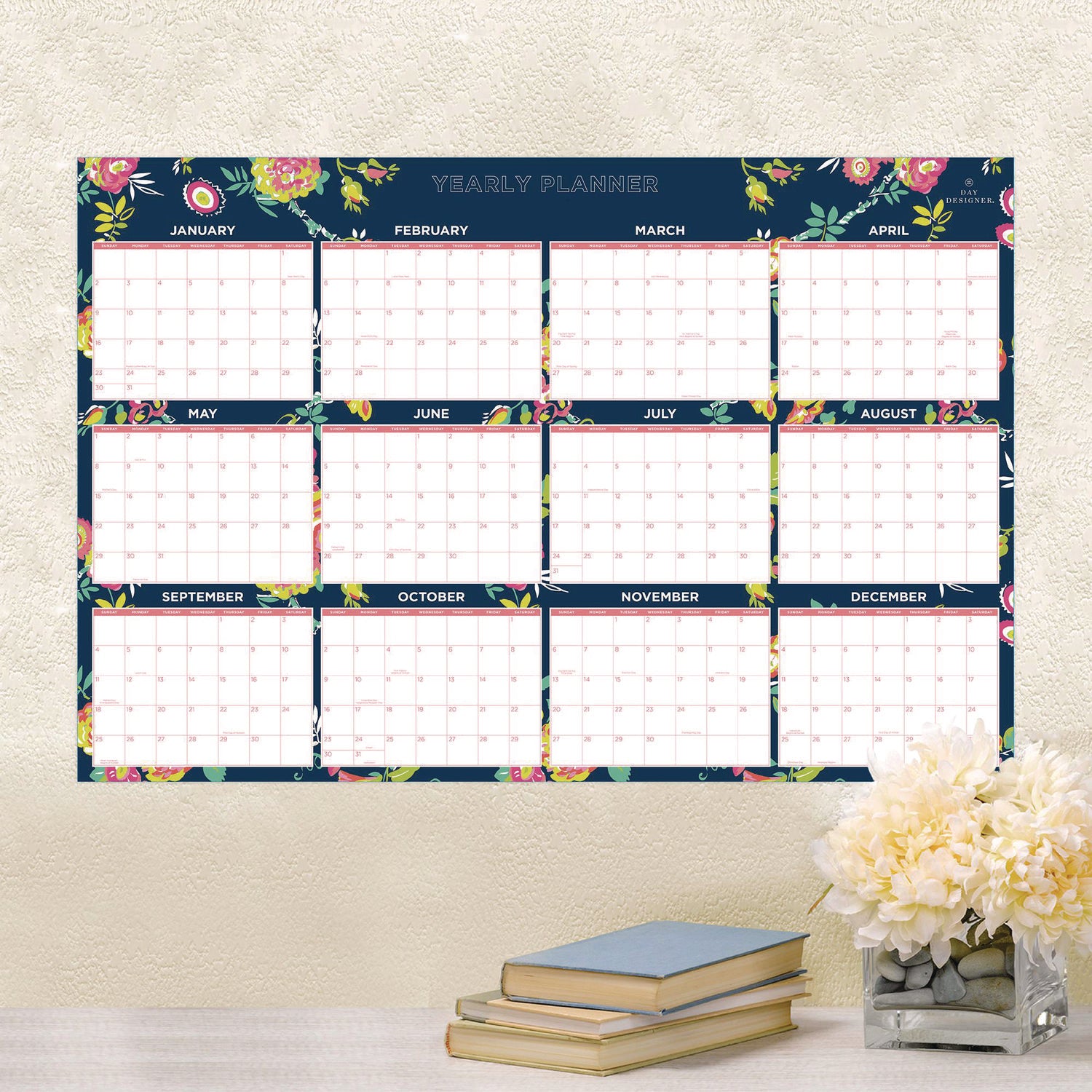 Day Designer Peyton Laminated Erasable Wall Calendar, Floral Artwork, 36 x 24, White/Navy Sheets, 12-Month (Jan to Dec): 2025 Blue Sky® Flipcost