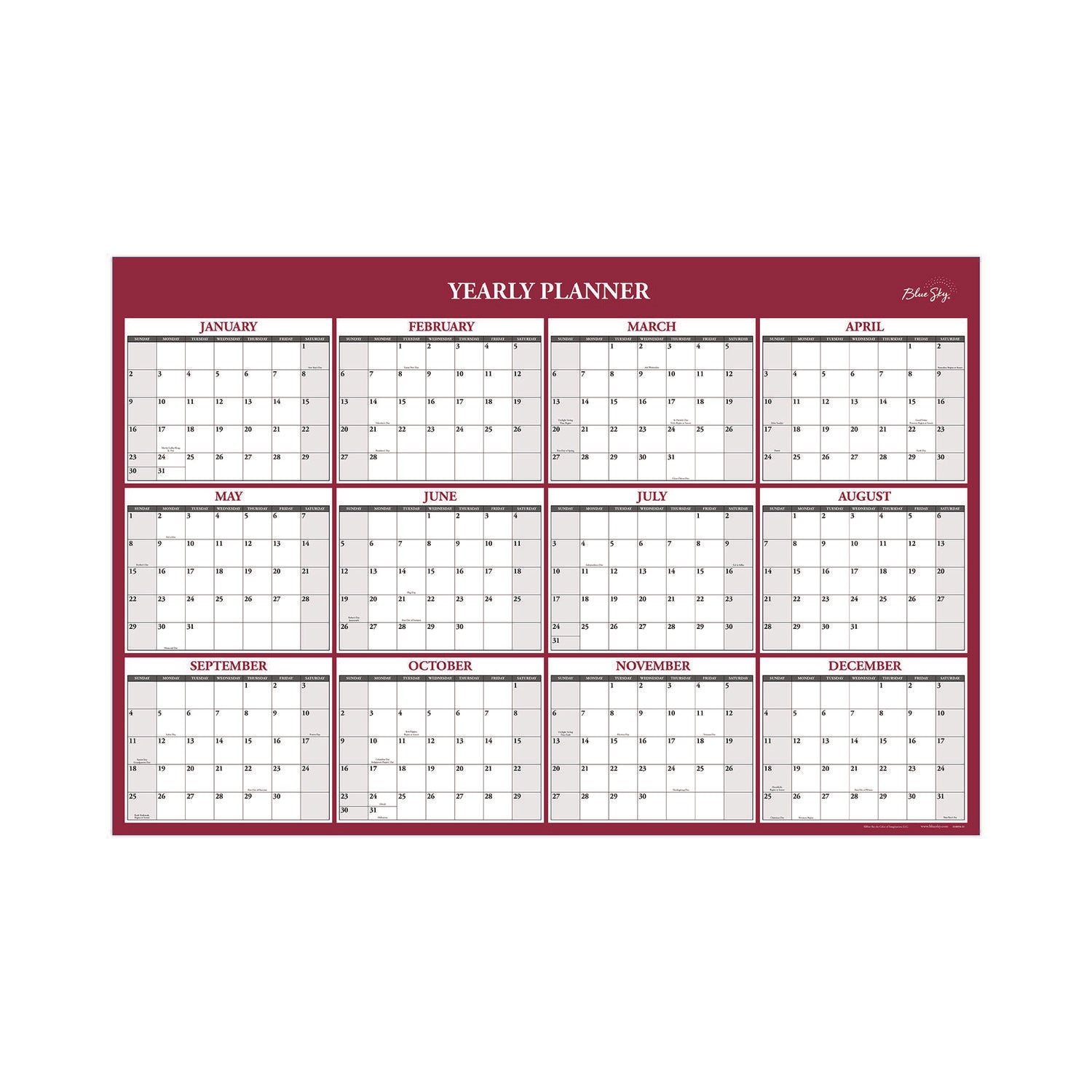 Classic Red Laminated Erasable Wall Calendar, 36 x 24, White/Red/Gray Sheets, 12-Month (Jan to Dec): 2025