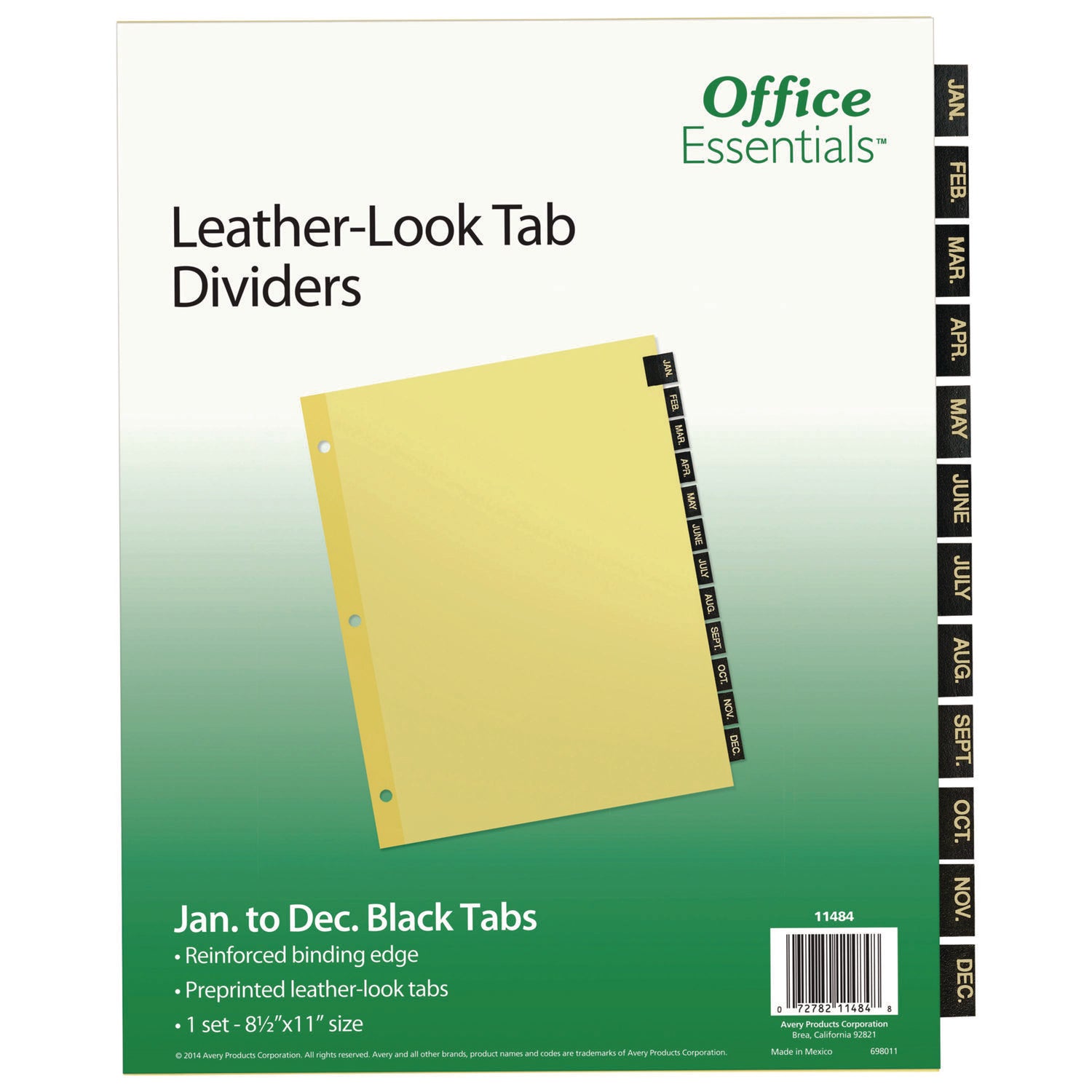 Preprinted Black Leather Tab Dividers, 12-Tab, Jan. to Dec., 11 x 8.5, Buff, 1 Set