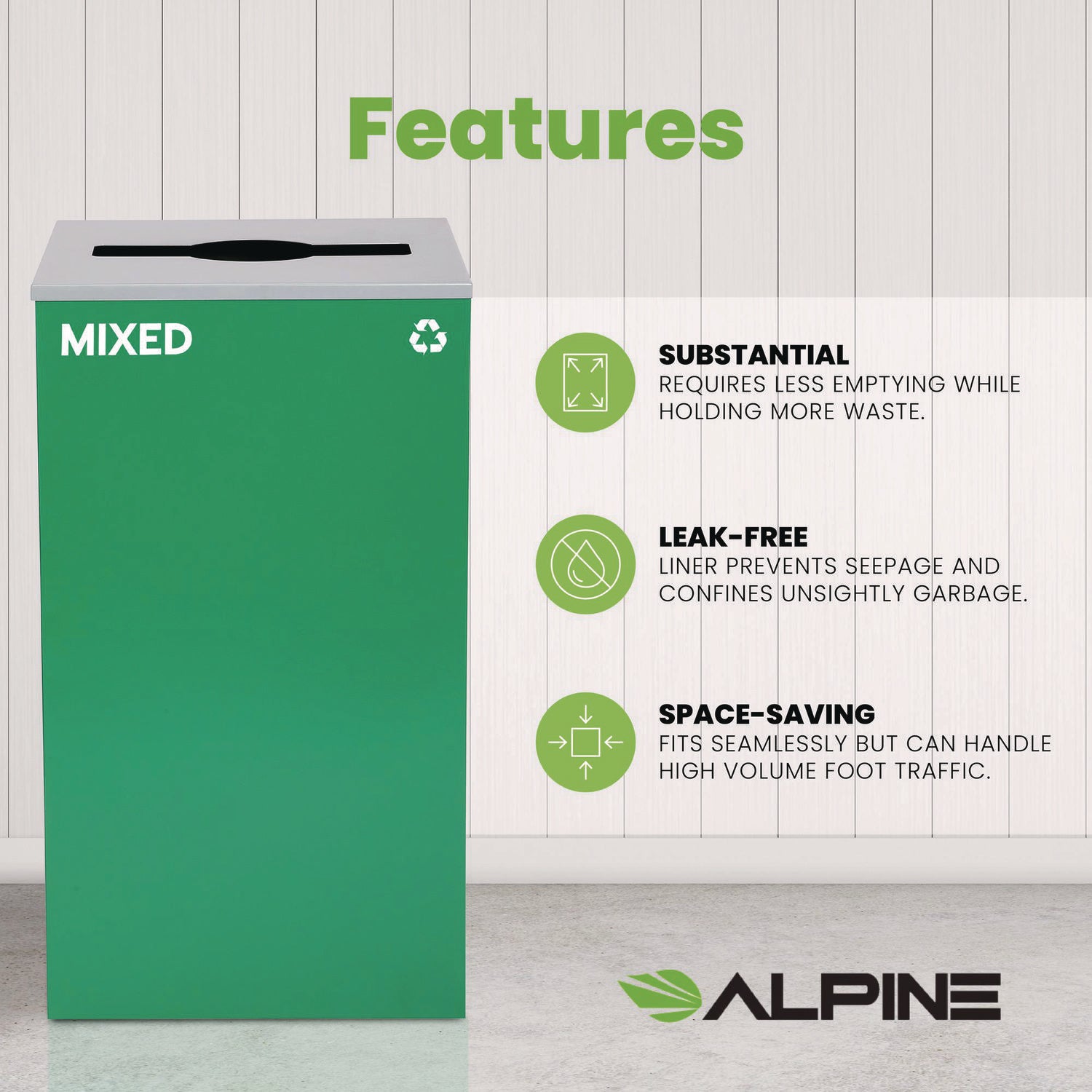 29 Gallon Trash/Recycling Cans, Steel, Green Mixed Recycling Can with Mixed Lid Alpine Industries Flipcost