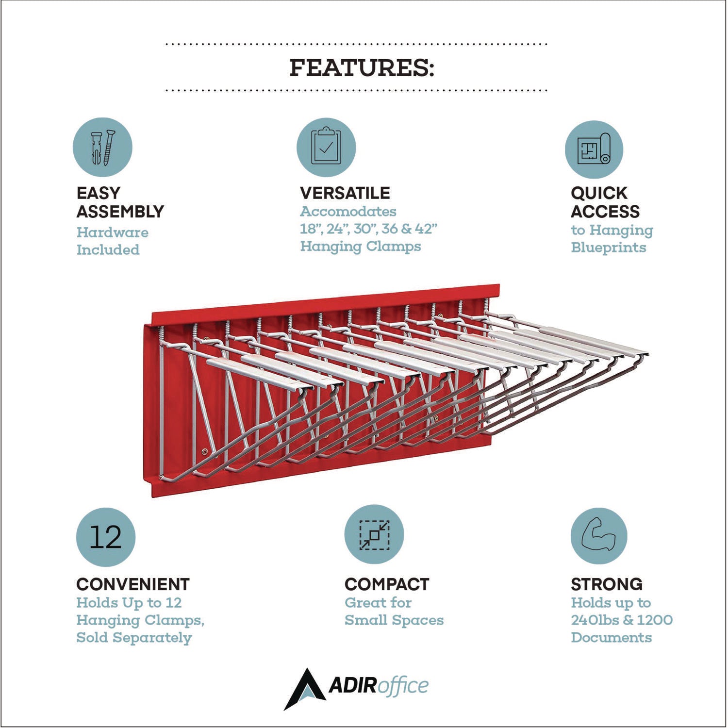 Large File Blueprint Pivot Wall Rack, Assorted Document Sizes Accommodated, 11" x 15.8" x 23.9", Red AdirOffice Flipcost