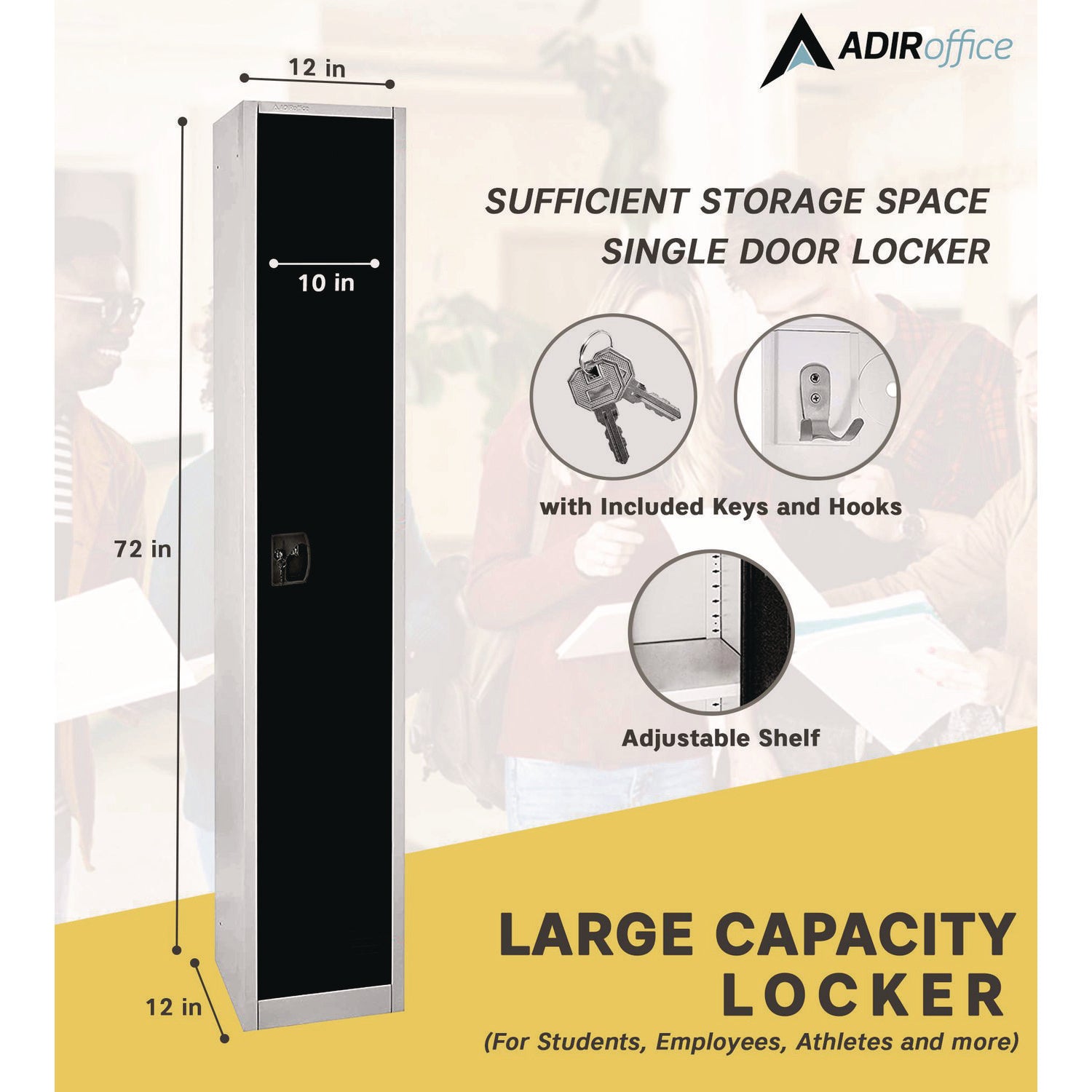 Steel Storage Locker, 1 Compartment, 12 x 12 x 72, Black AdirOffice Flipcost