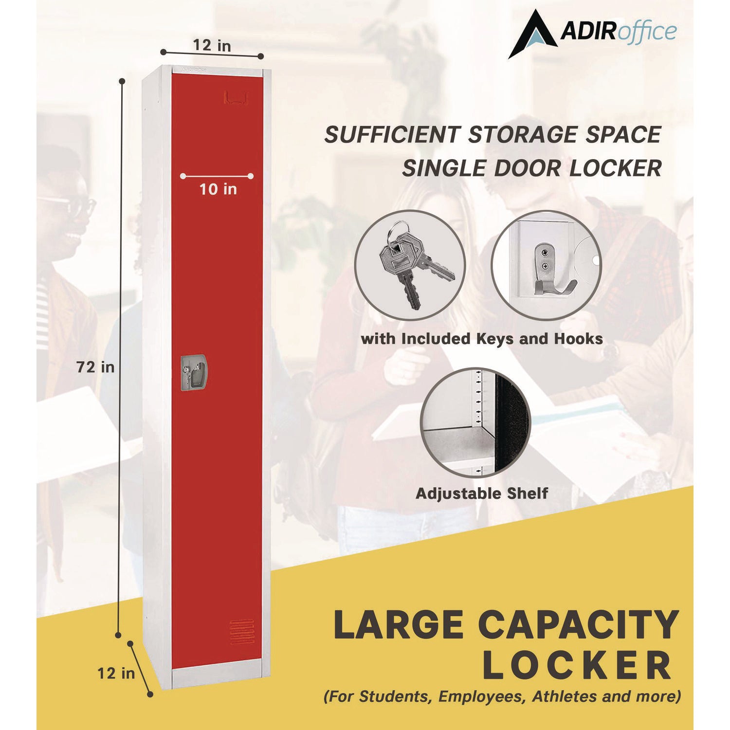 Steel Storage Locker, 1 Compartment, 12 x 12 x 72, Red AdirOffice Flipcost