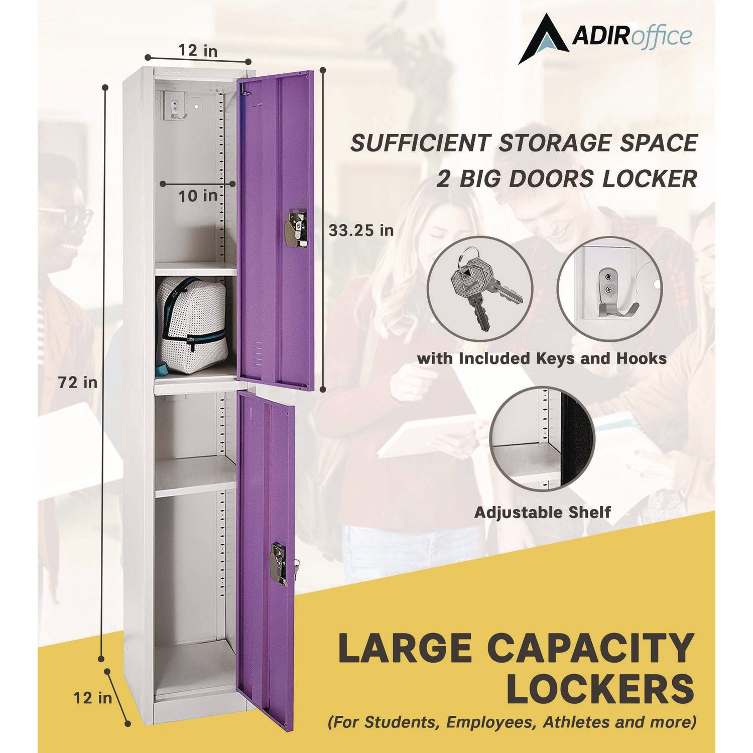 Steel Storage Locker, 2 Compartment, 12 x 12 x 72, Purple AdirOffice Flipcost