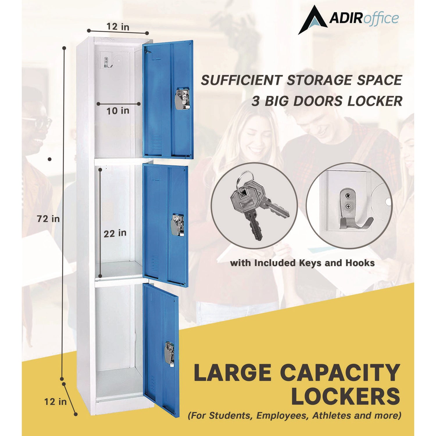 Steel Storage Locker, 3 Compartment, 12 x 12 x 72, Blue AdirOffice Flipcost