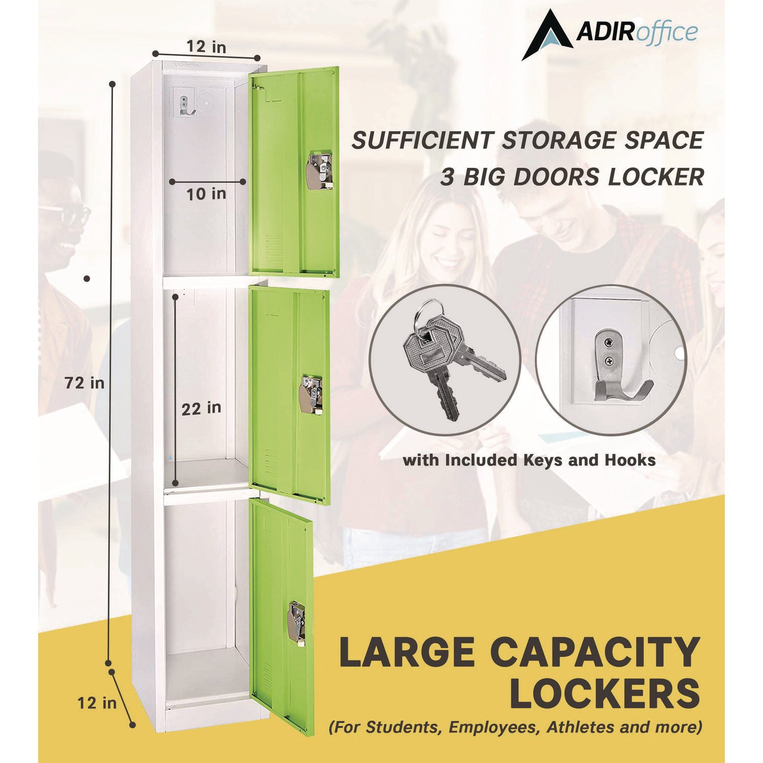 Steel Storage Locker, 3 Compartment, 12 x 12 x 72, Green AdirOffice Flipcost