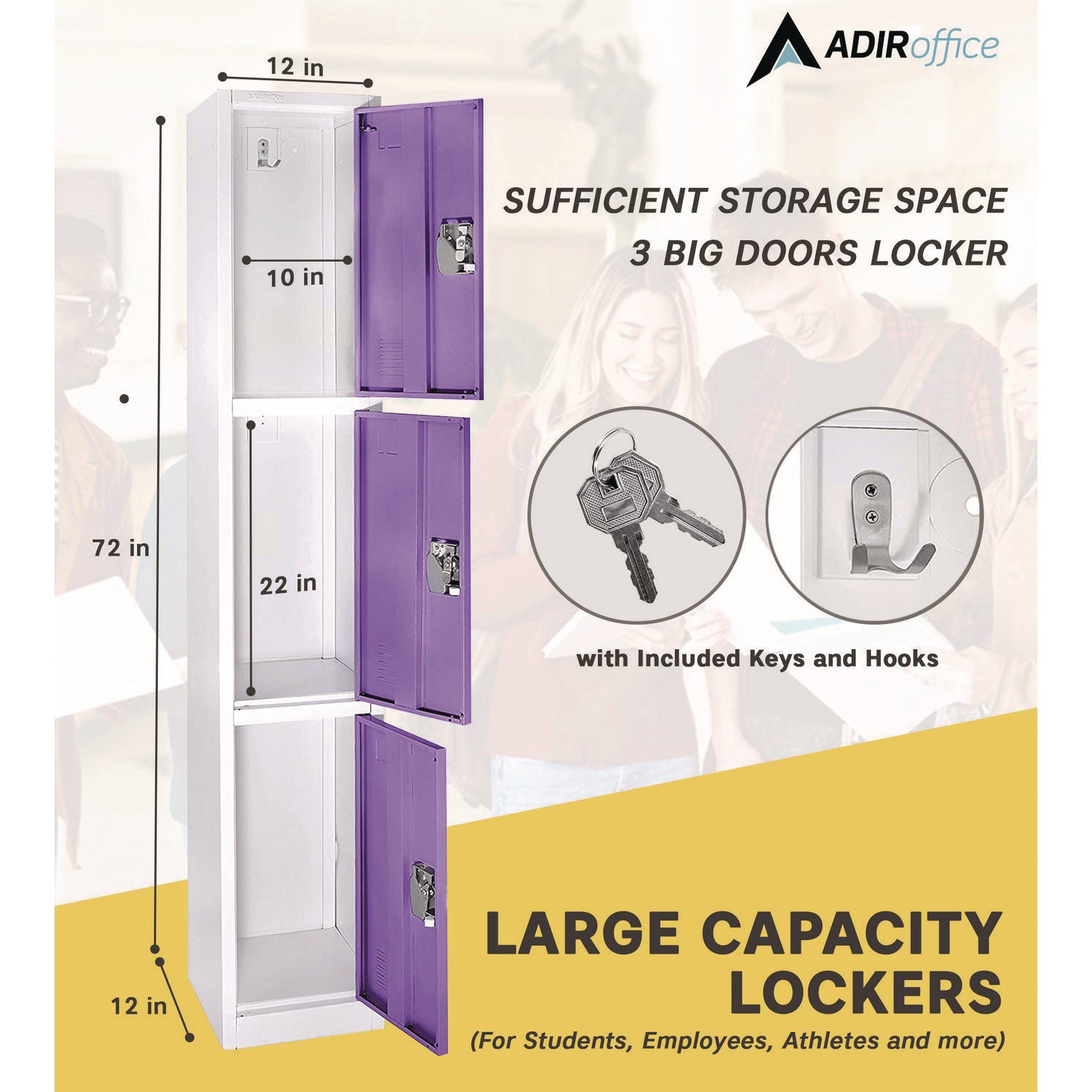 Steel Storage Locker, 3 Compartment, 12 x 12 x 72, Purple AdirOffice Flipcost