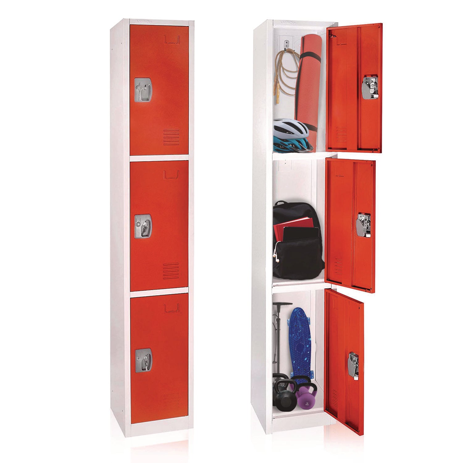 Steel Storage Locker, 3 Compartment, 12 x 12 x 72, Red AdirOffice Flipcost