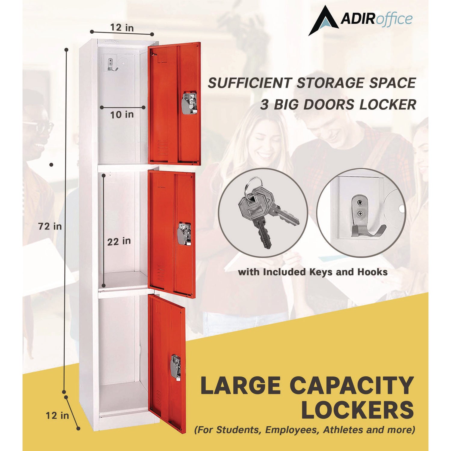 Steel Storage Locker, 3 Compartment, 12 x 12 x 72, Red AdirOffice Flipcost