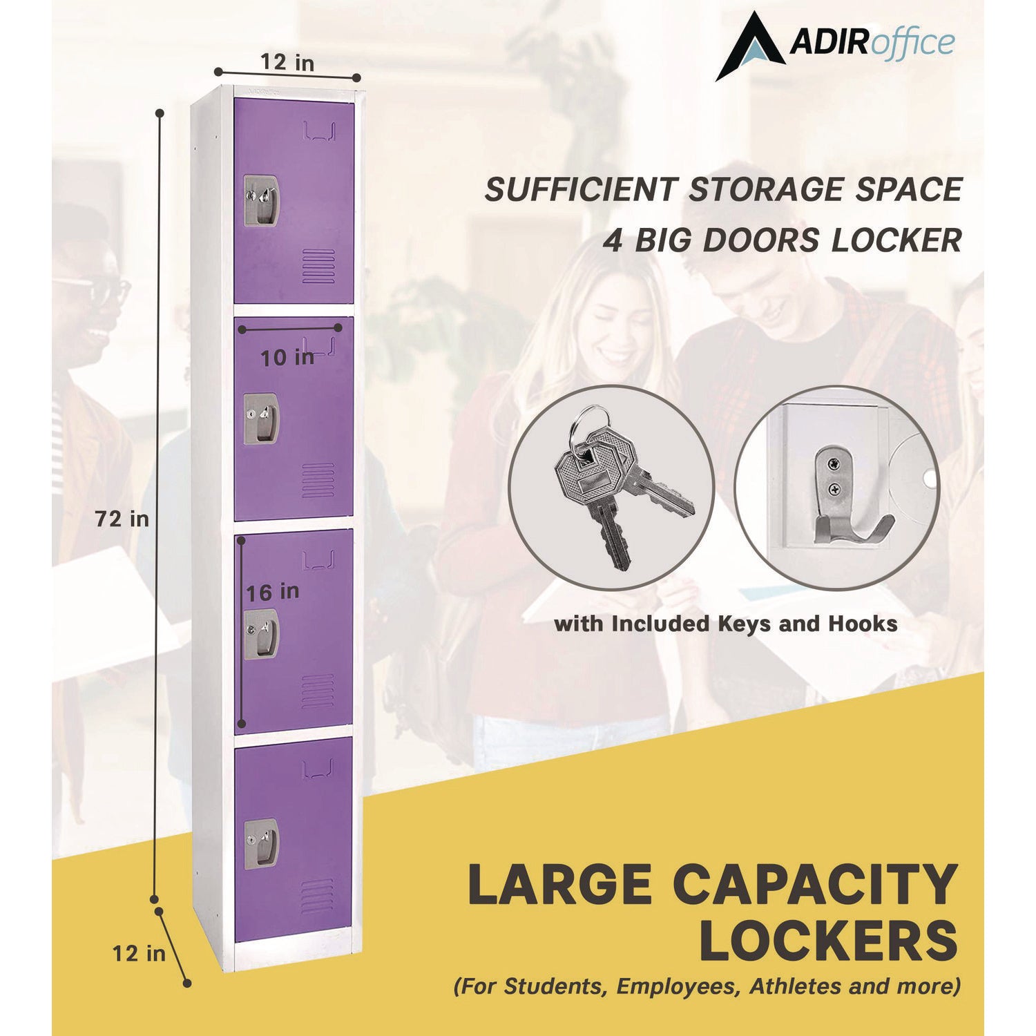 Steel Storage Locker, 4 Compartment, 12 x 12 x 72, Purple AdirOffice Flipcost