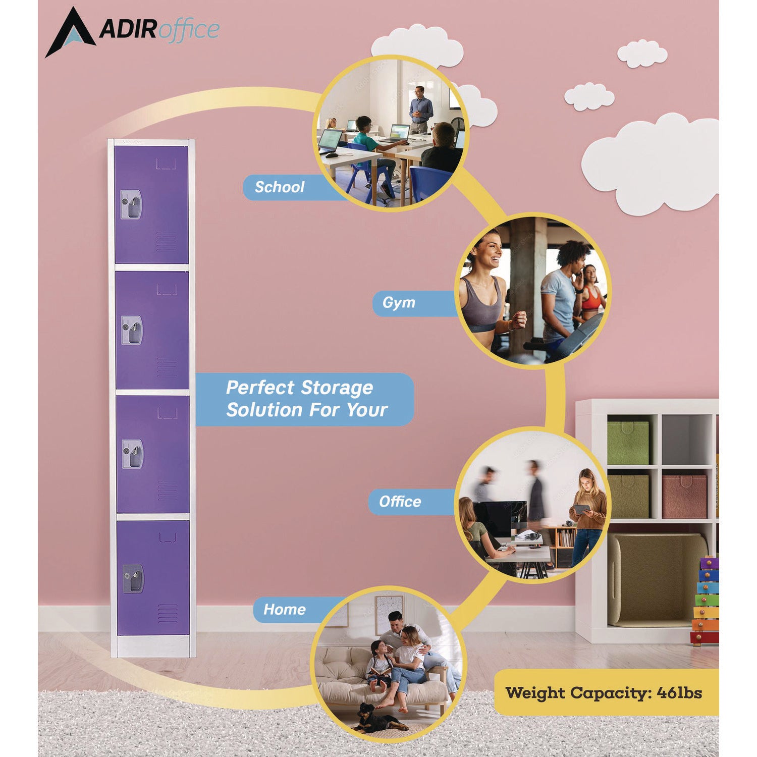 Steel Storage Locker, 4 Compartment, 12 x 12 x 72, Purple AdirOffice Flipcost