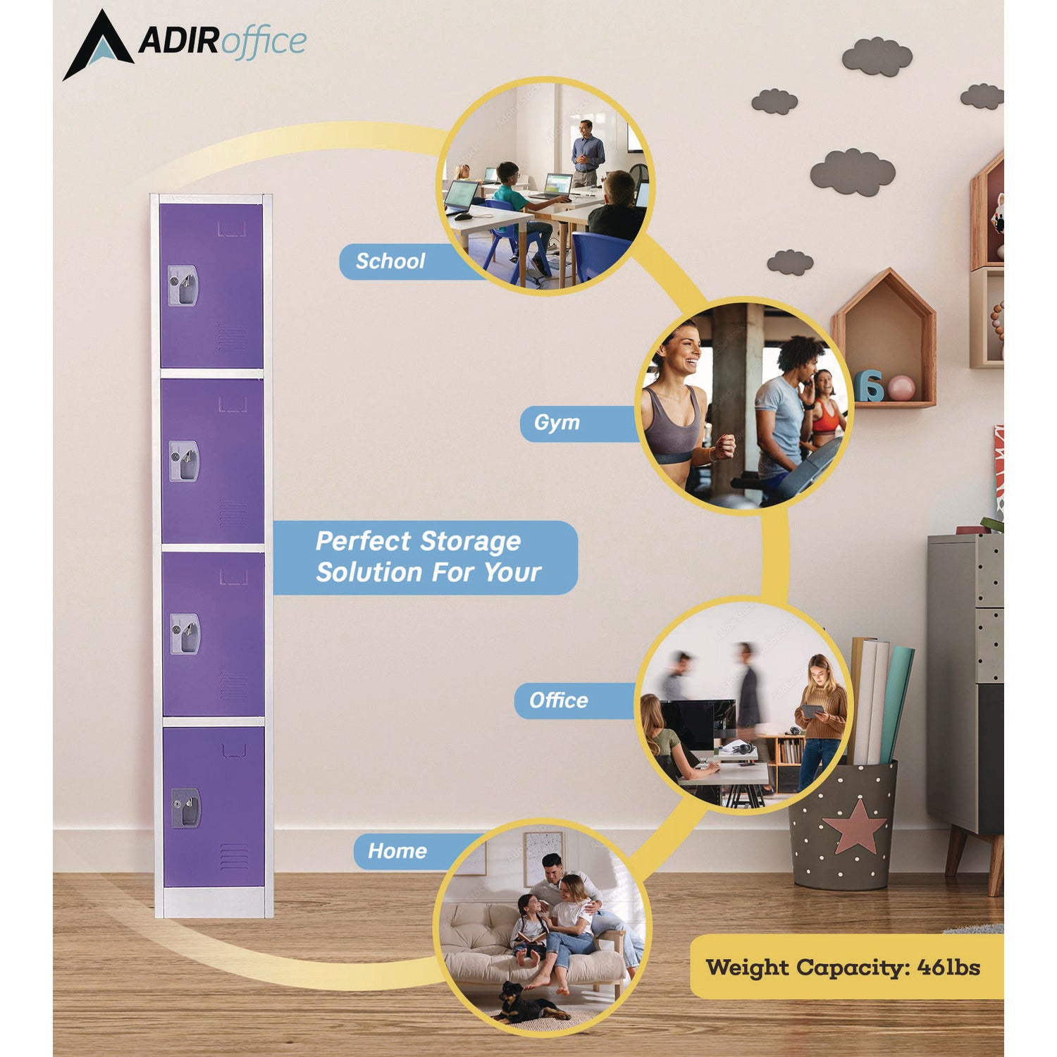 Steel Storage Locker, 4 Compartment, 12 x 12 x 72, Purple AdirOffice Flipcost