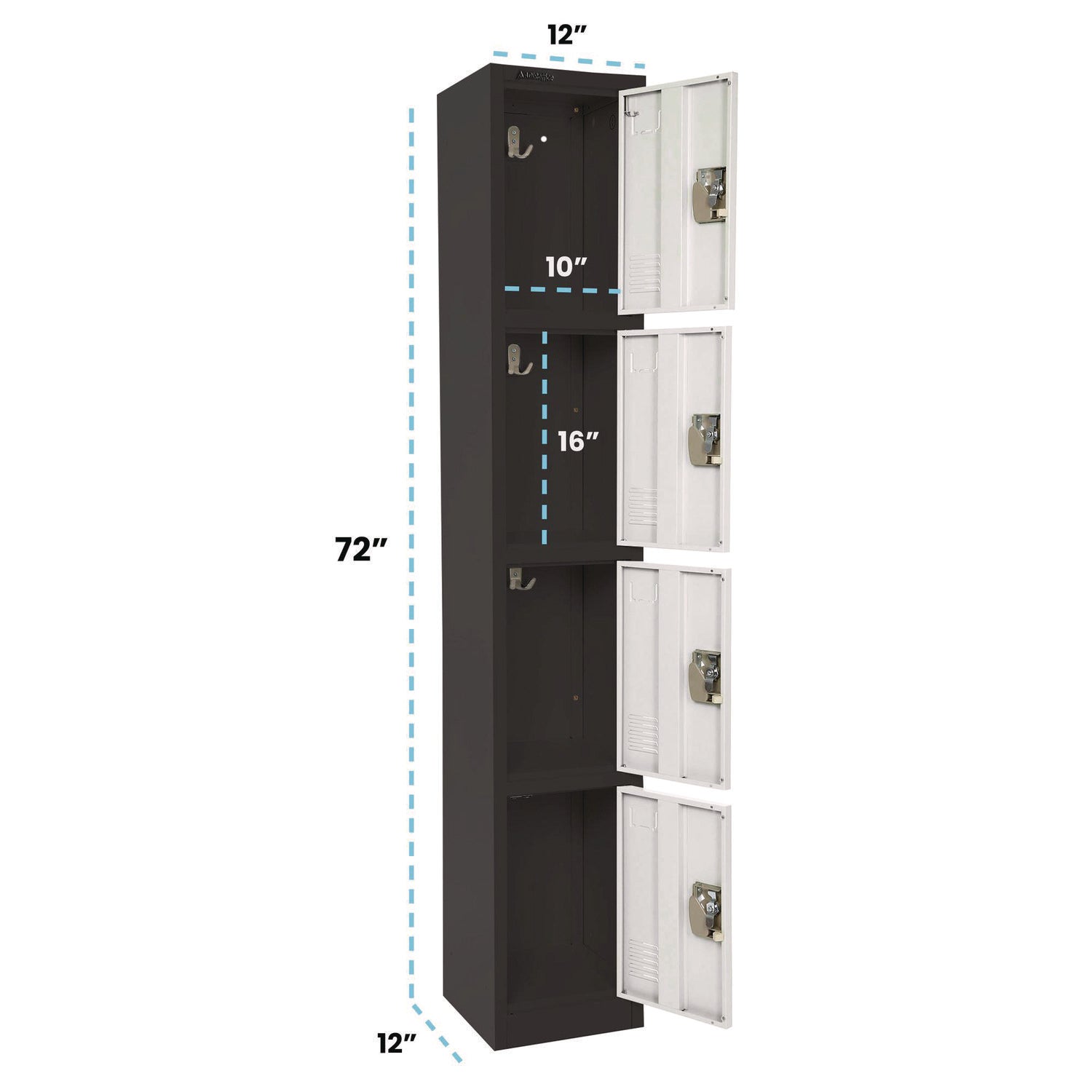 Steel Storage Locker, 4 Compartment, 12 x 12 x 72, Black Body/White Doors AdirOffice Flipcost