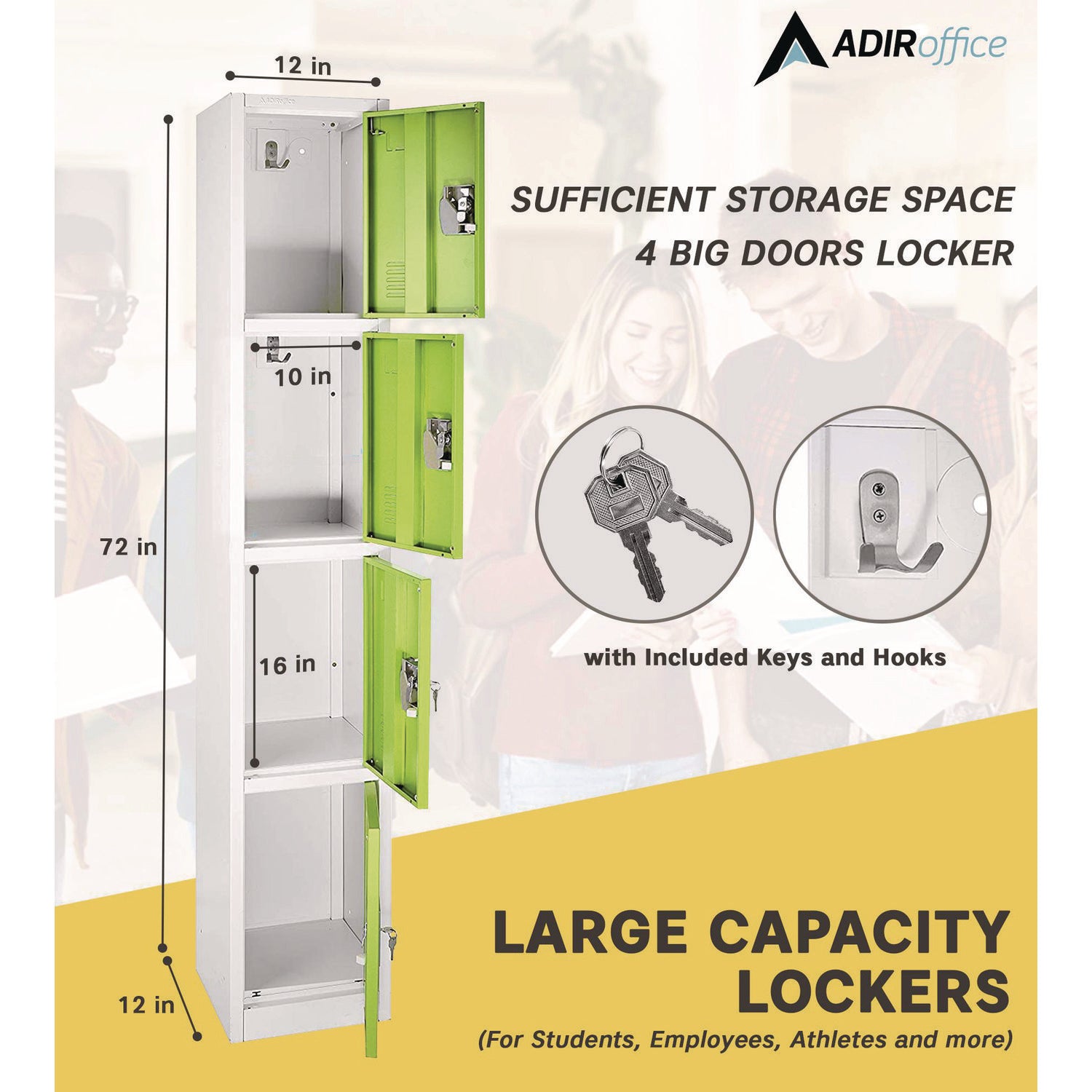 Steel Storage Locker, 4 Compartment, 12 x 12 x 72, Green AdirOffice Flipcost