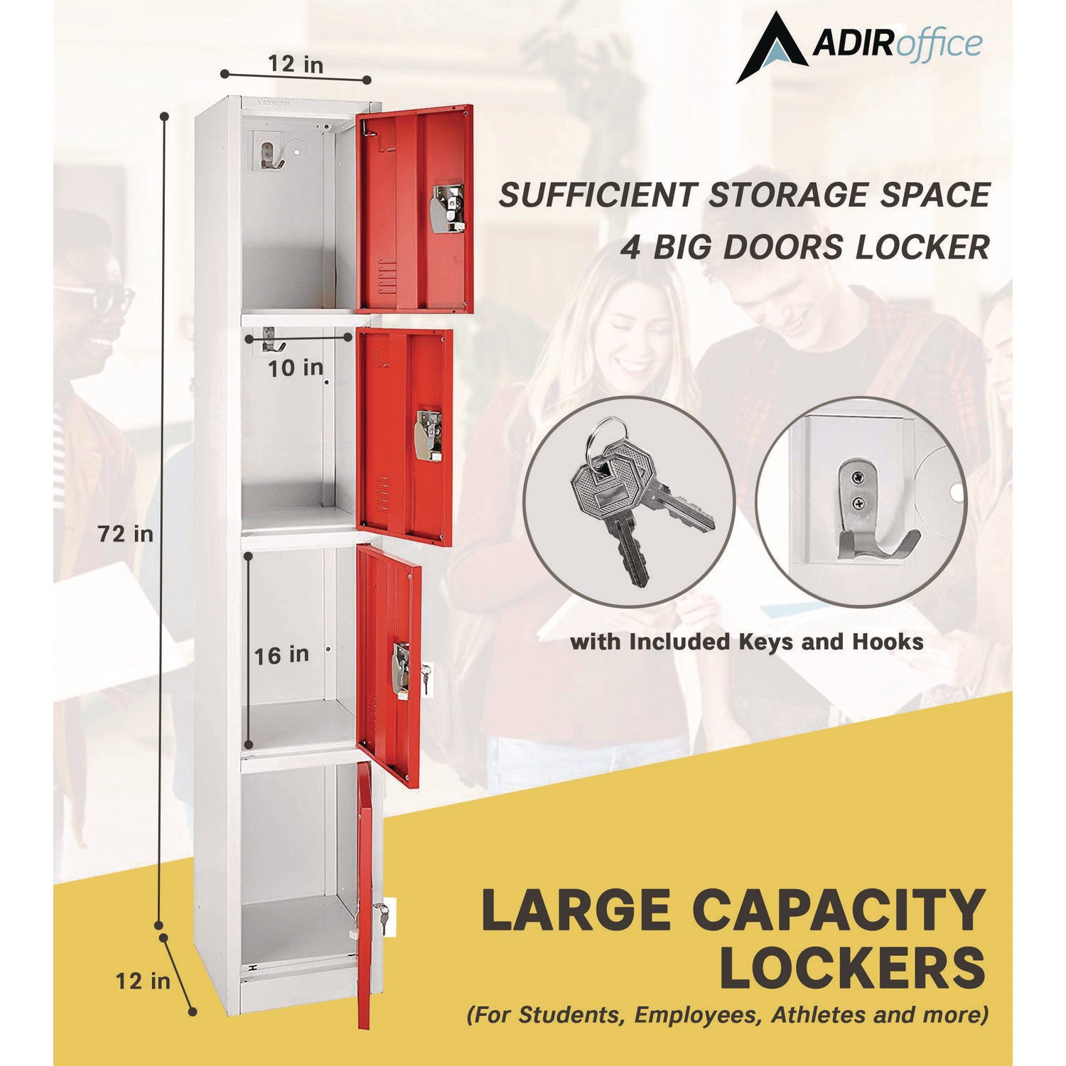 Steel Storage Locker, 4 Compartment, 12 x 12 x 72, Red AdirOffice Flipcost