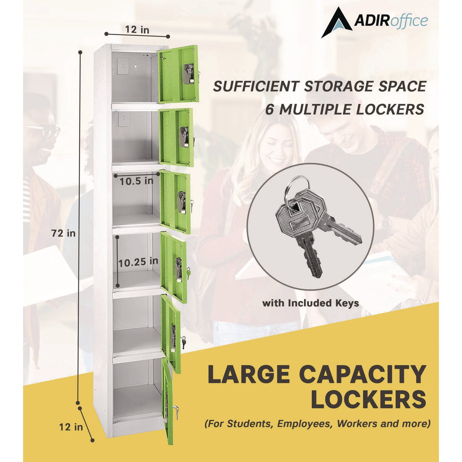 Steel Storage Locker, 6 Compartment, 12 x 12 x 72, Green AdirOffice Flipcost