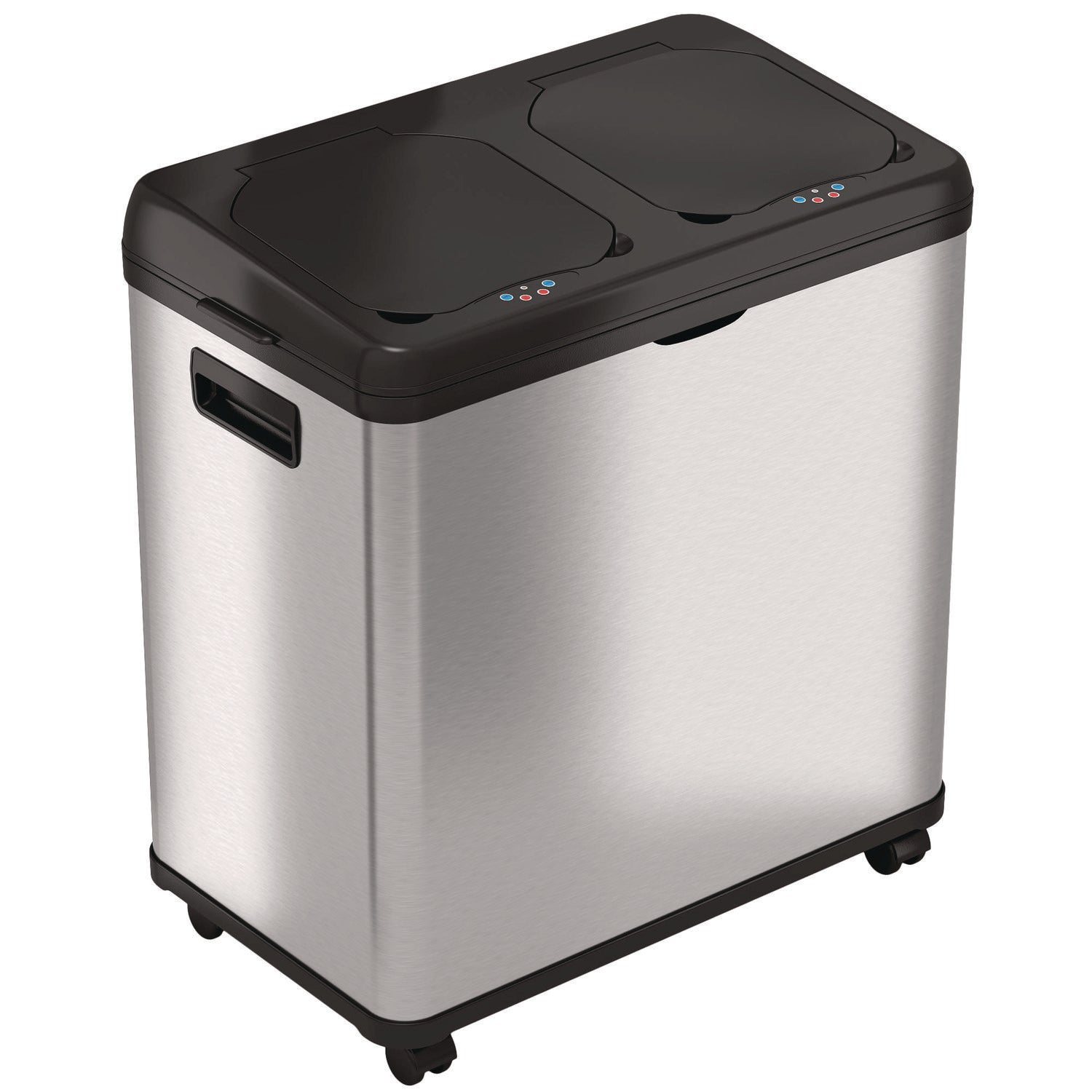 Dual Compartment Sensor Recycle Bin and Trash Can with Wheels, 16 gal, Plastic/Stainless Steel, Silver/Black