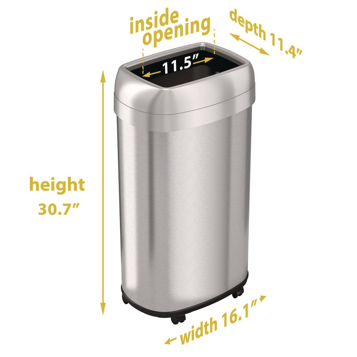 Open Top Trash Can with Wheels, Oval, 16 gal, Plastic/Stainless Steel, Silver HLS Commercial® Flipcost