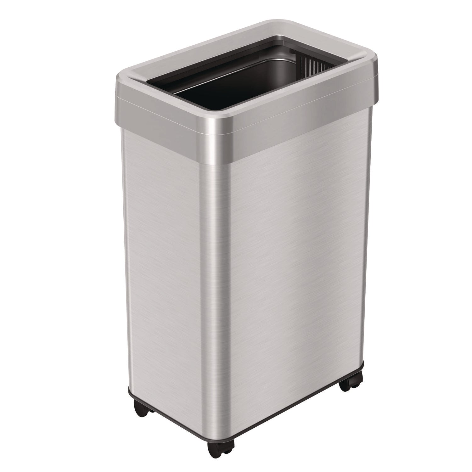 Open Top Trash Can with Wheels, Rectangular, 16 gal, Plastic/Stainless Steel, Silver