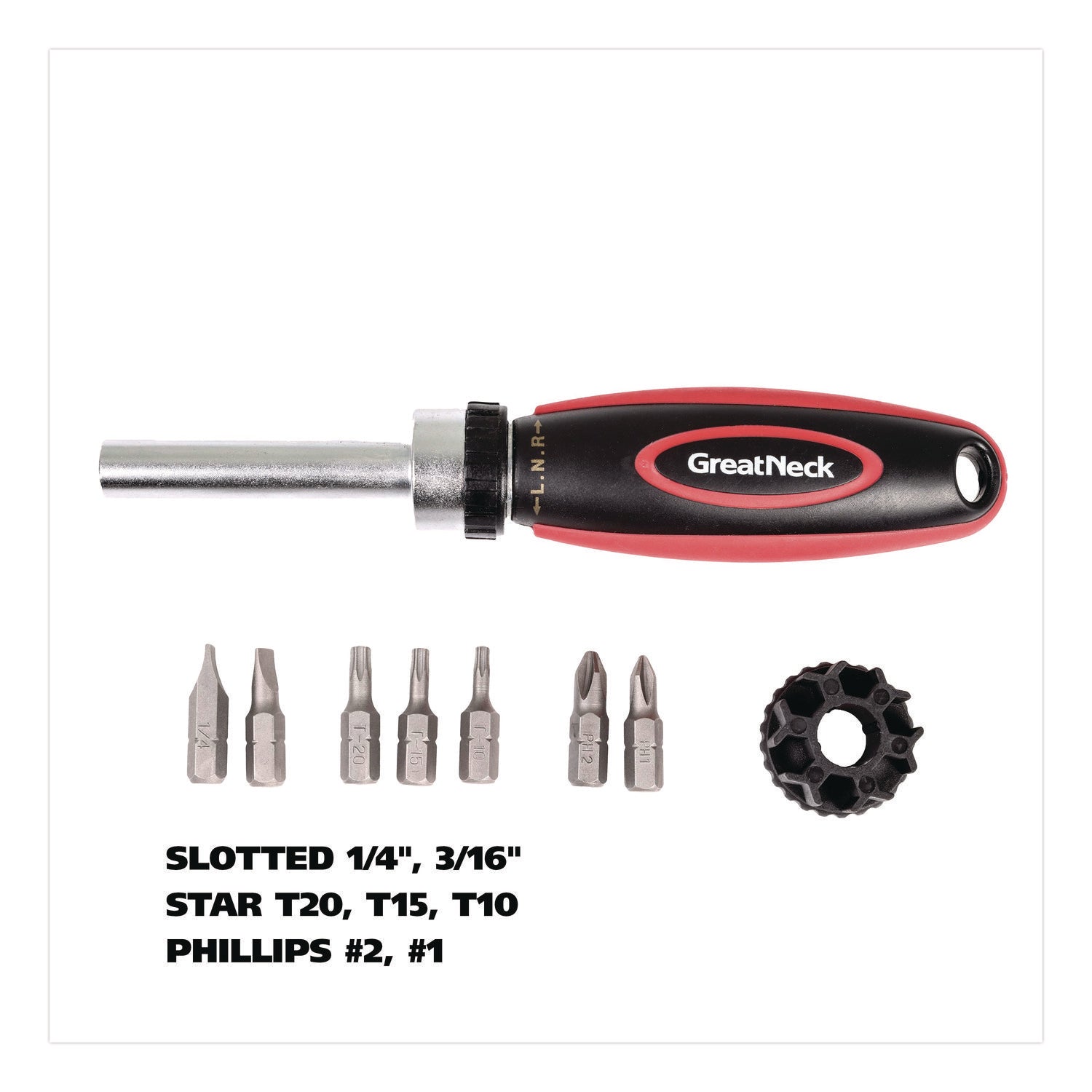 Great Neck® Ratcheting Screw/Nut Driver Set, Phillips/Slotted/Star Bits, 7" Long, Black/Red