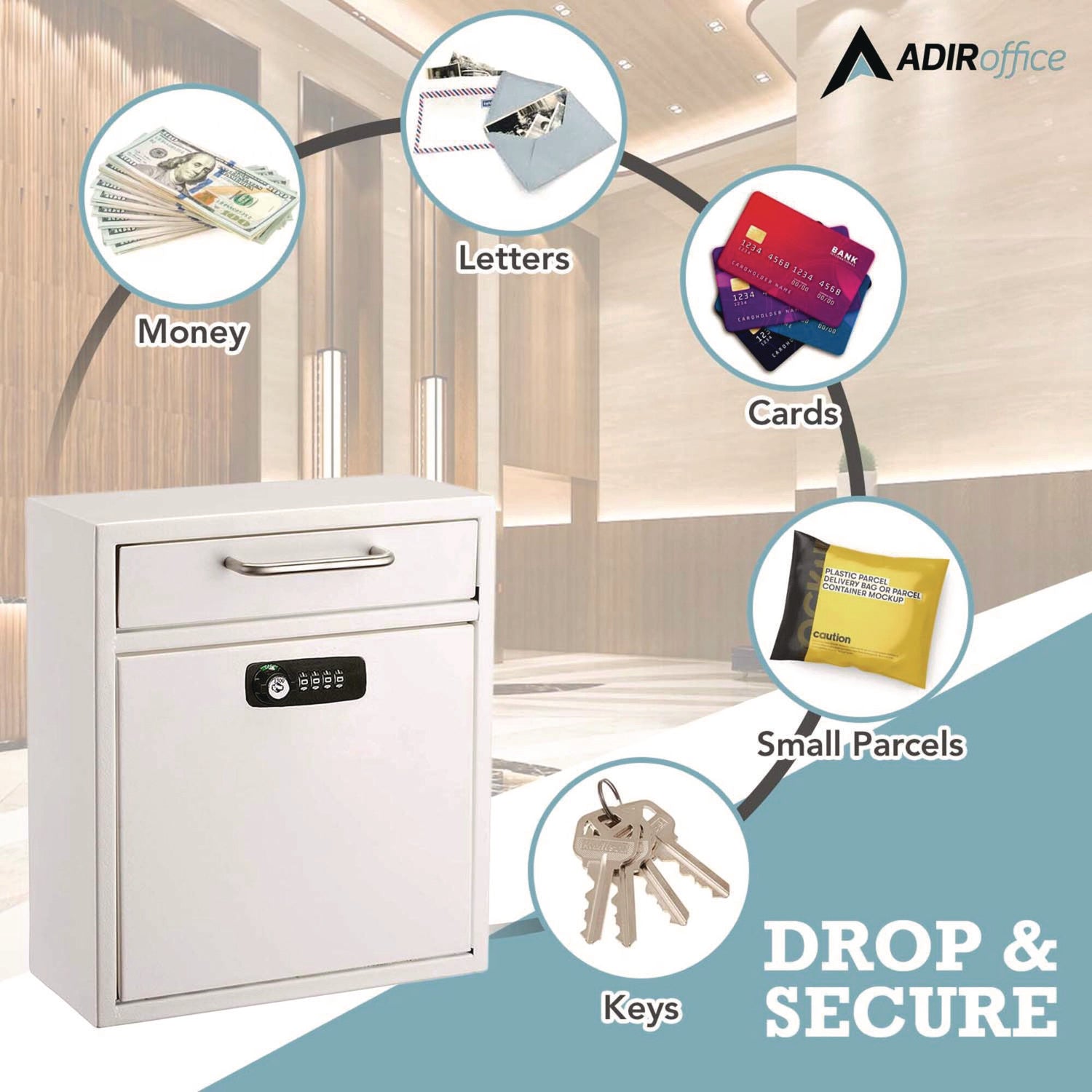 Medium Secure Drop Box Wall Mounted Locking Mail Box with Key and Combination Lock, 10.51 x 4.72 x 12, White AdirOffice Flipcost