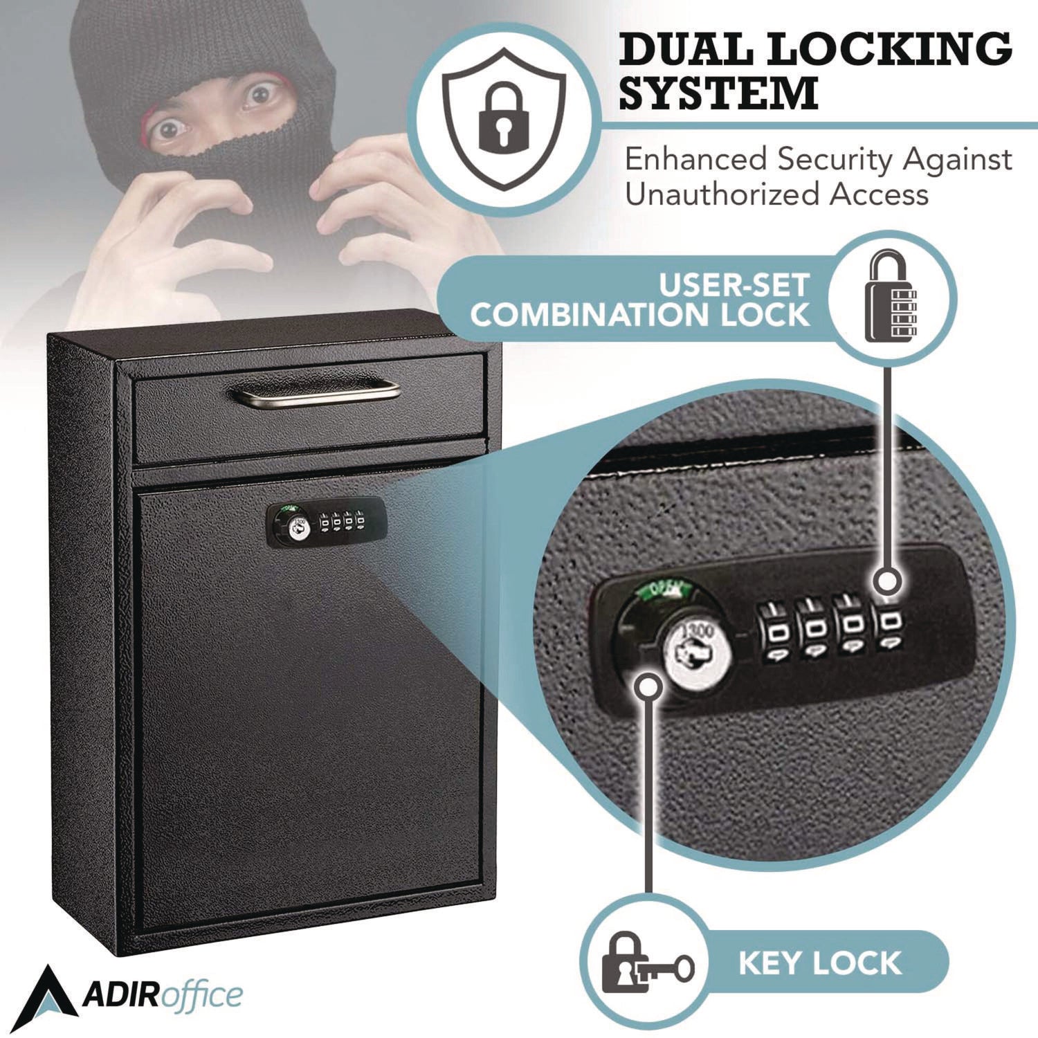 Large Secure Drop Box Wall Mounted Locking Mail Box with Key and Combination lock, 11.2 x 4.7 x 16.2, Black AdirOffice Flipcost