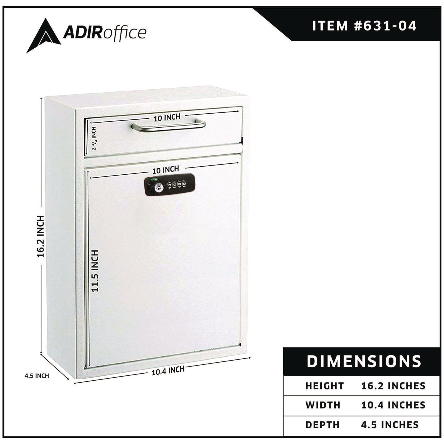 Large Secure Drop Box Wall Mounted Locking Mail Box with Key and Combination lock, 11.2 x 4.7 x 16.2, White AdirOffice Flipcost