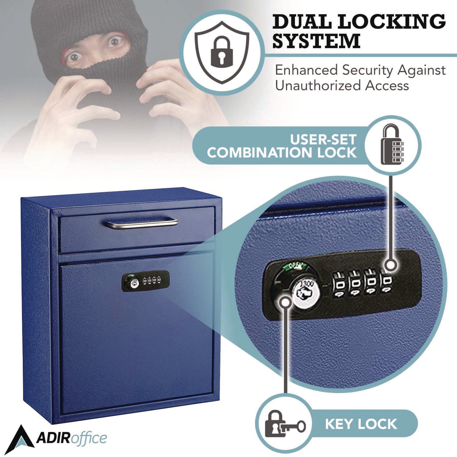 Medium Secure Drop Box Wall Mounted Locking Mail Box with Key and Combination Lock, 10.51 x 4.72 x 12, Blue AdirOffice Flipcost