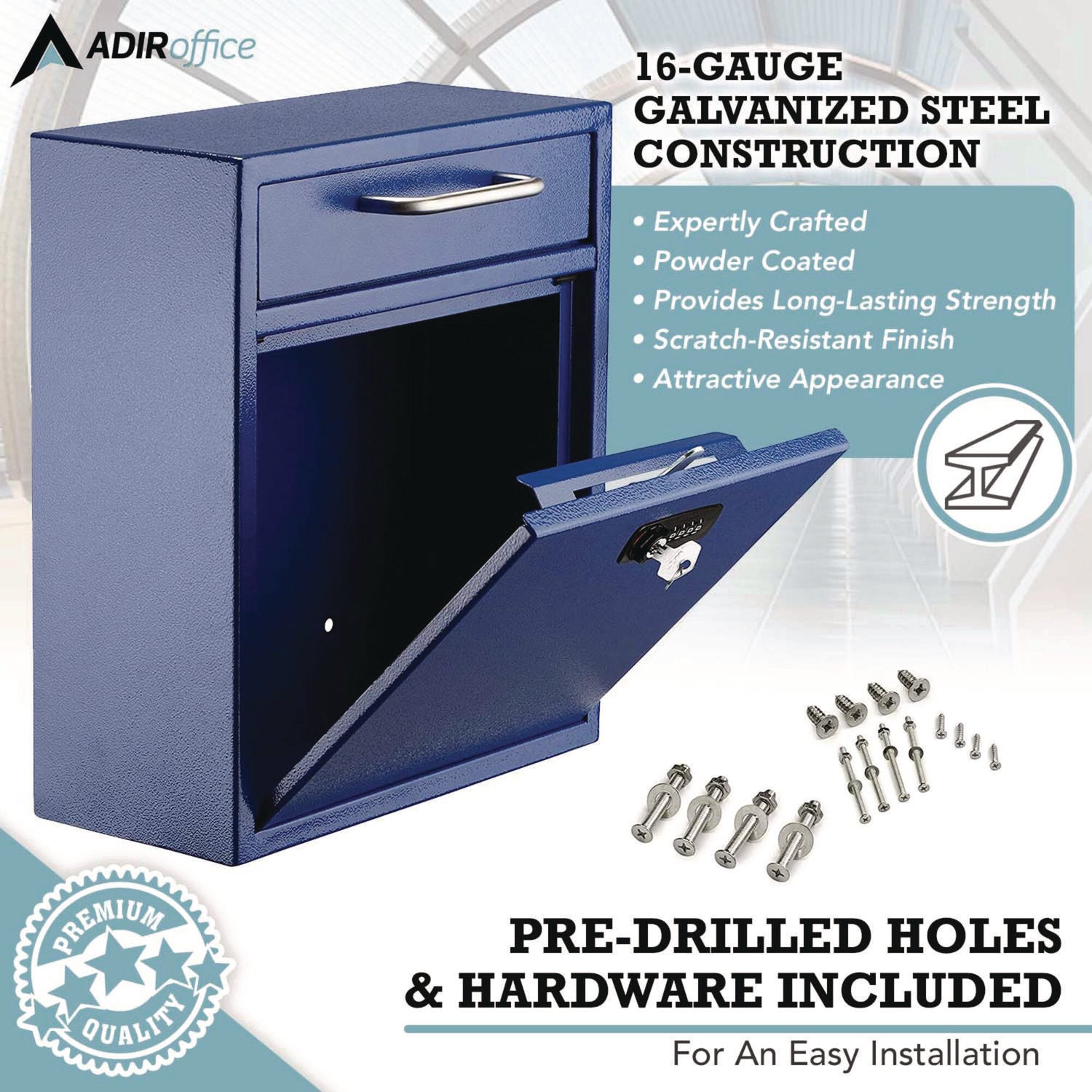 Medium Secure Drop Box Wall Mounted Locking Mail Box with Key and Combination Lock, 10.51 x 4.72 x 12, Blue AdirOffice Flipcost