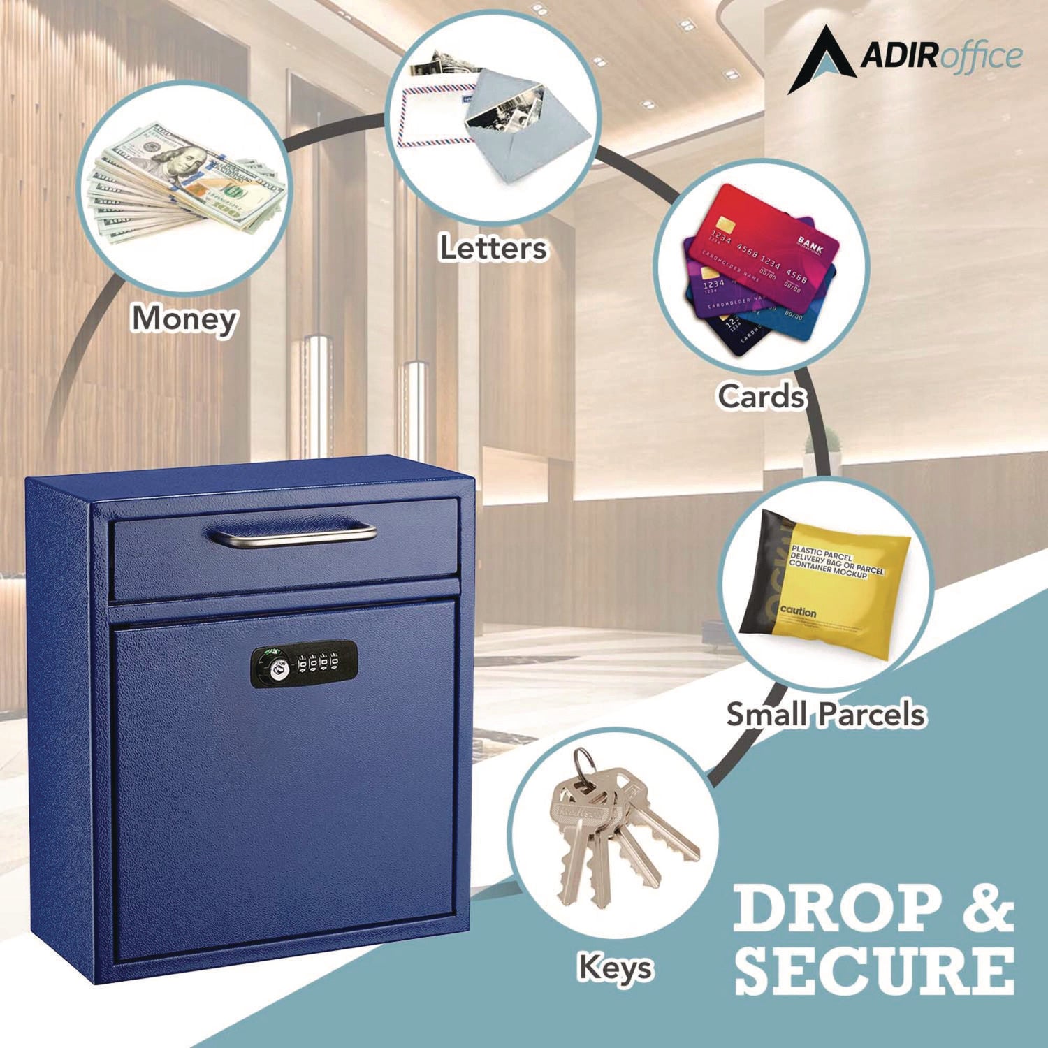 Medium Secure Drop Box Wall Mounted Locking Mail Box with Key and Combination Lock, 10.51 x 4.72 x 12, Blue AdirOffice Flipcost