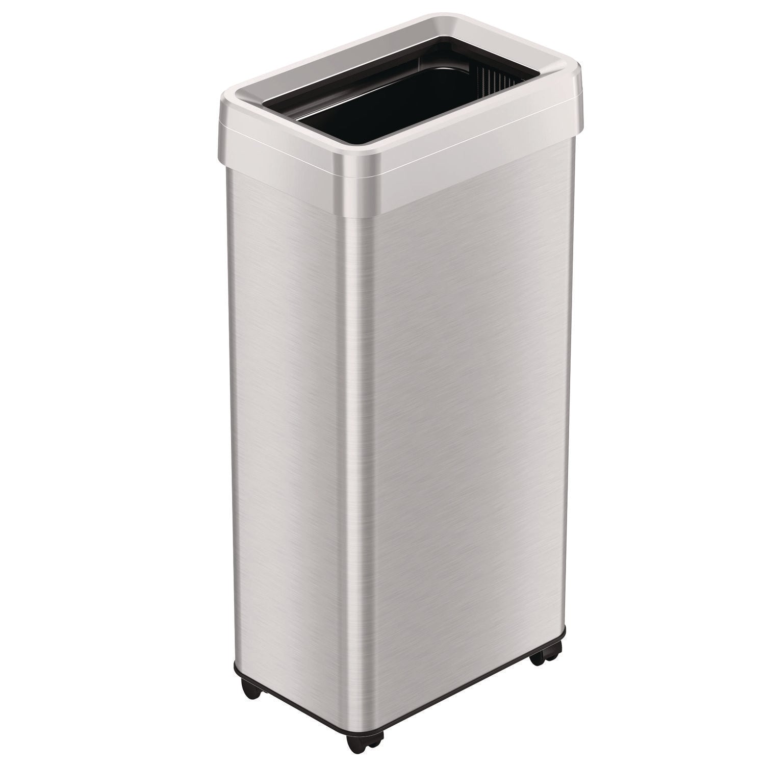 Open Top Trash Can with Wheels, 21 gal, Plastic/Stainless Steel, Silver