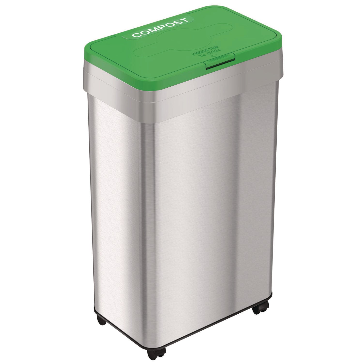 Open Top Compost Bin with Wheels and Color-Coded Lid, 21 gal, Plastic/Stainless Steel, Silver/Green