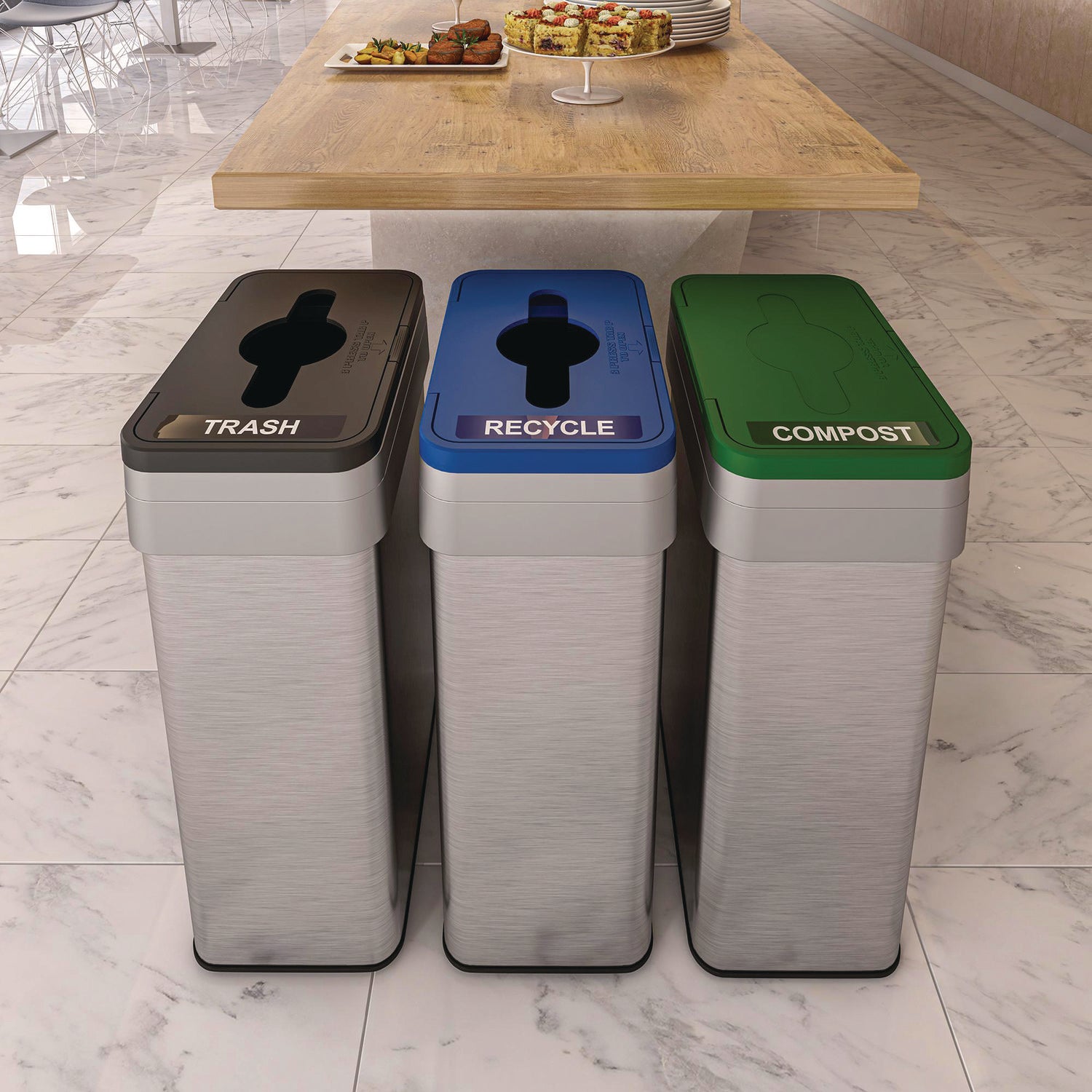 Open Top Trash Can/Recycle Bin/Compost Bin w/Color-Coded Lids Set, 21 gal, Plastic/Stainless Steel, Silver/Black/Blue/Green HLS Commercial® Flipcost