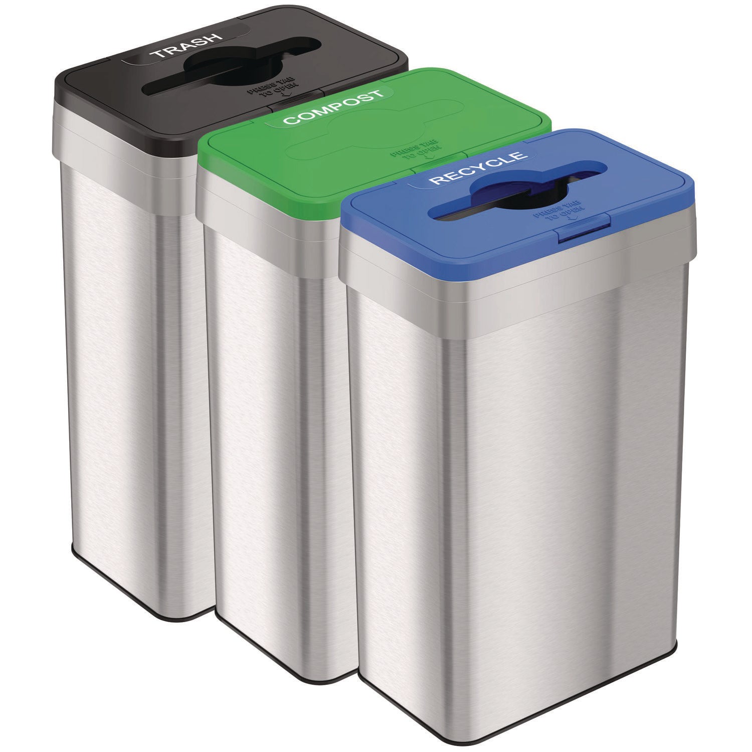 Open Top Trash Can/Recycle Bin/Compost Bin w/Color-Coded Lids Set, 21 gal, Plastic/Stainless Steel, Silver/Black/Blue/Green