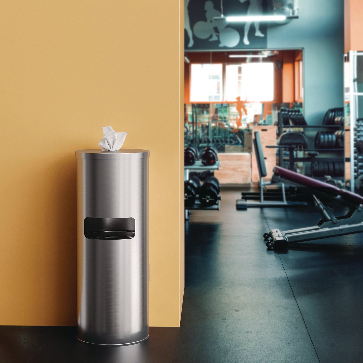 Side-Entry Trash Can with Gym Wipe Dispenser, 9 gal, Stainless Steel, Silver HLS Commercial® Flipcost