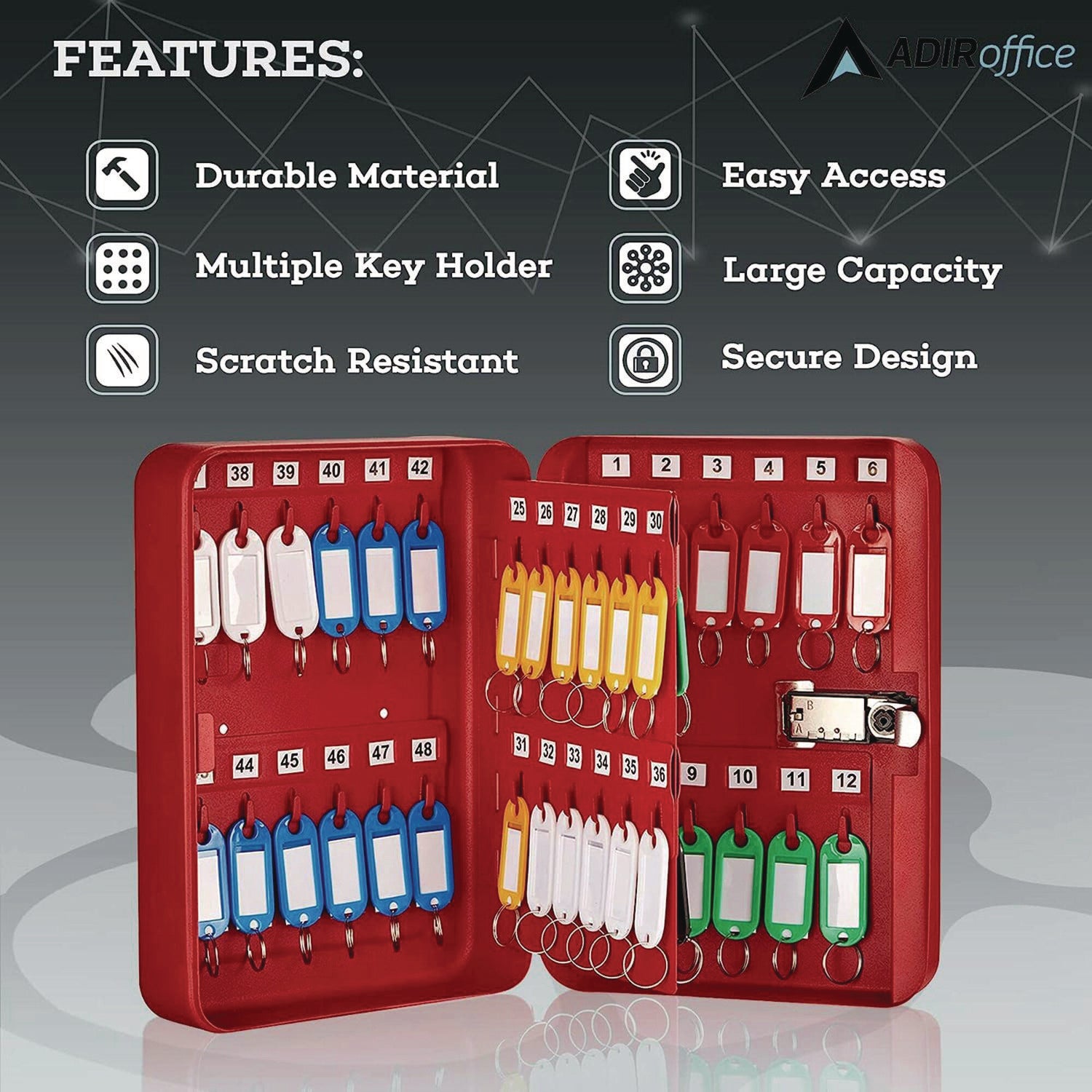 Steel Heavy-Duty Key Cabinet with Combination Lock, 48-Key, 7.1 x 3 x 10, Stainless Steel 304, Red AdirOffice Flipcost