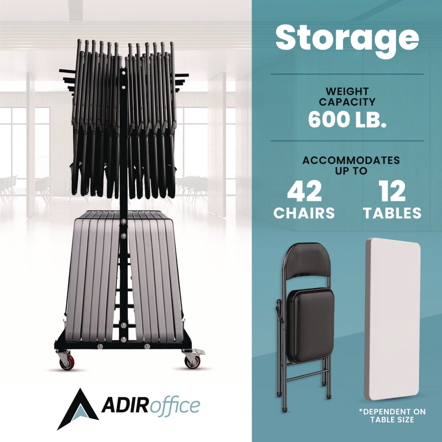 Folding Chair and Table Combo Cart, Metal, 600 lb Capacity, 33.7 x 65 x 67, Black AdirOffice Flipcost